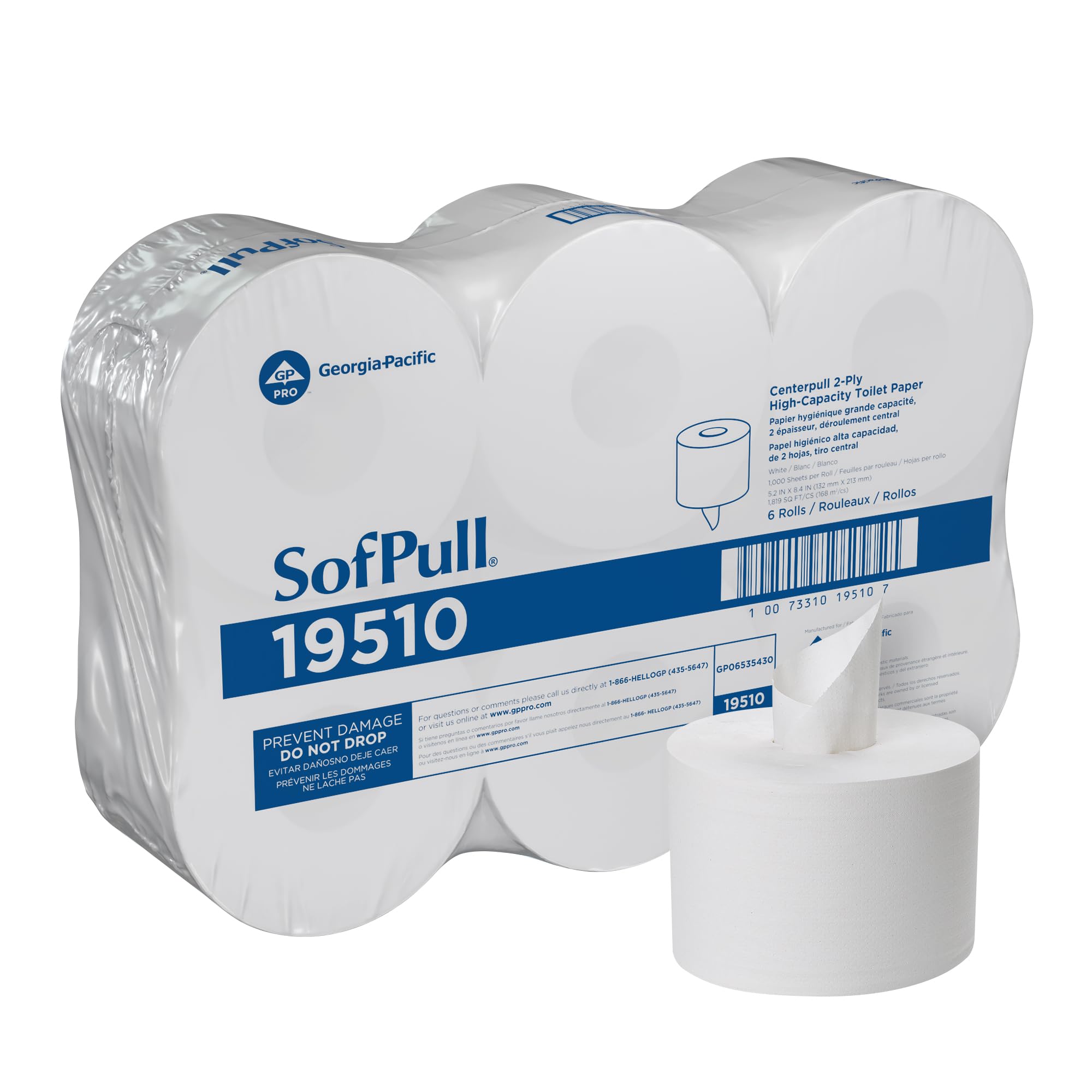 Georgia Pacific SofPull 19510 Centerpull 2-Ply High Capacity Toilet Paper, 1000 Sheets Per Roll, 6 Rolls Per Case