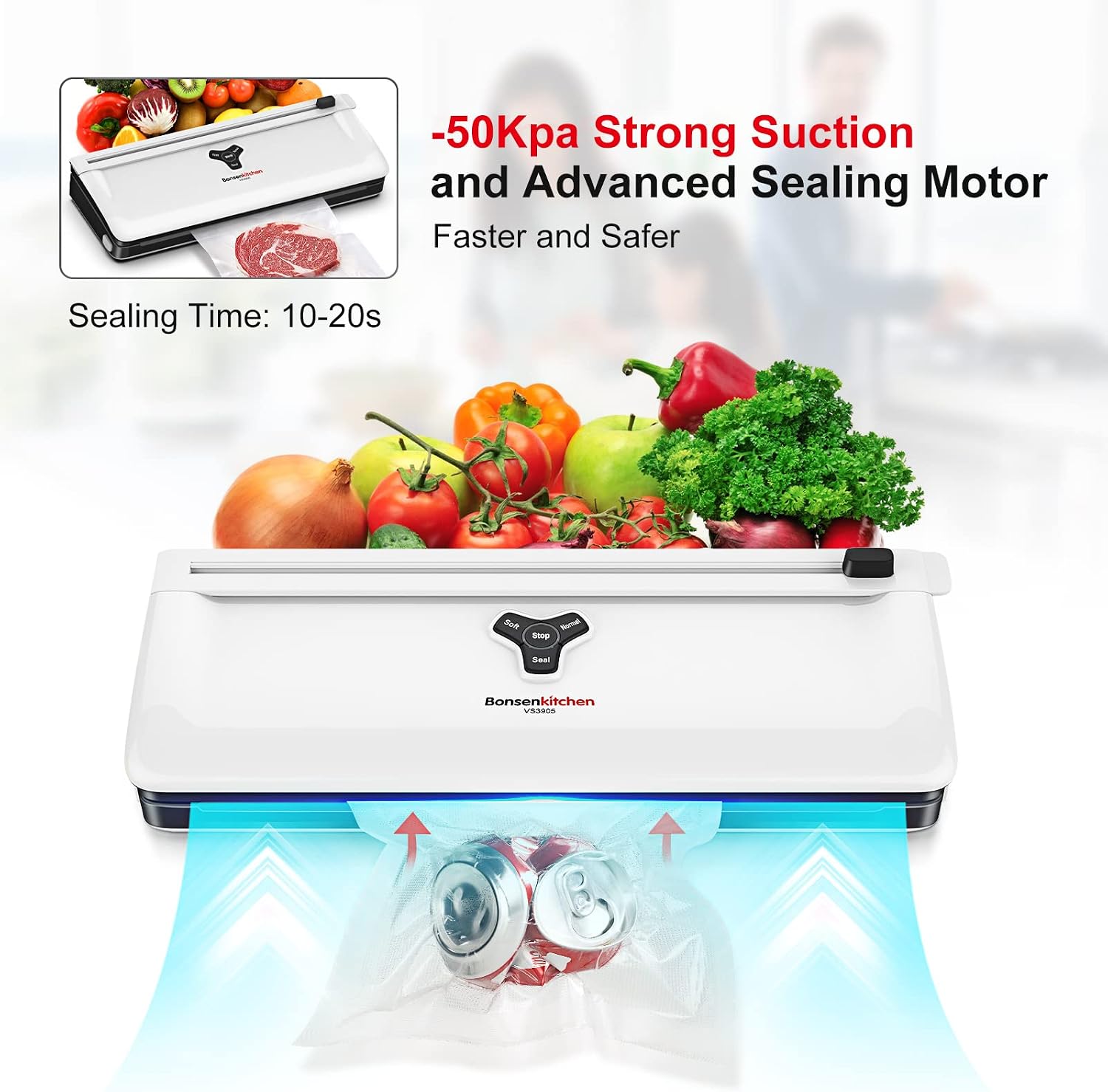 Bonsenkitchen VS3905 Vacuum Sealer demonstrating strong suction