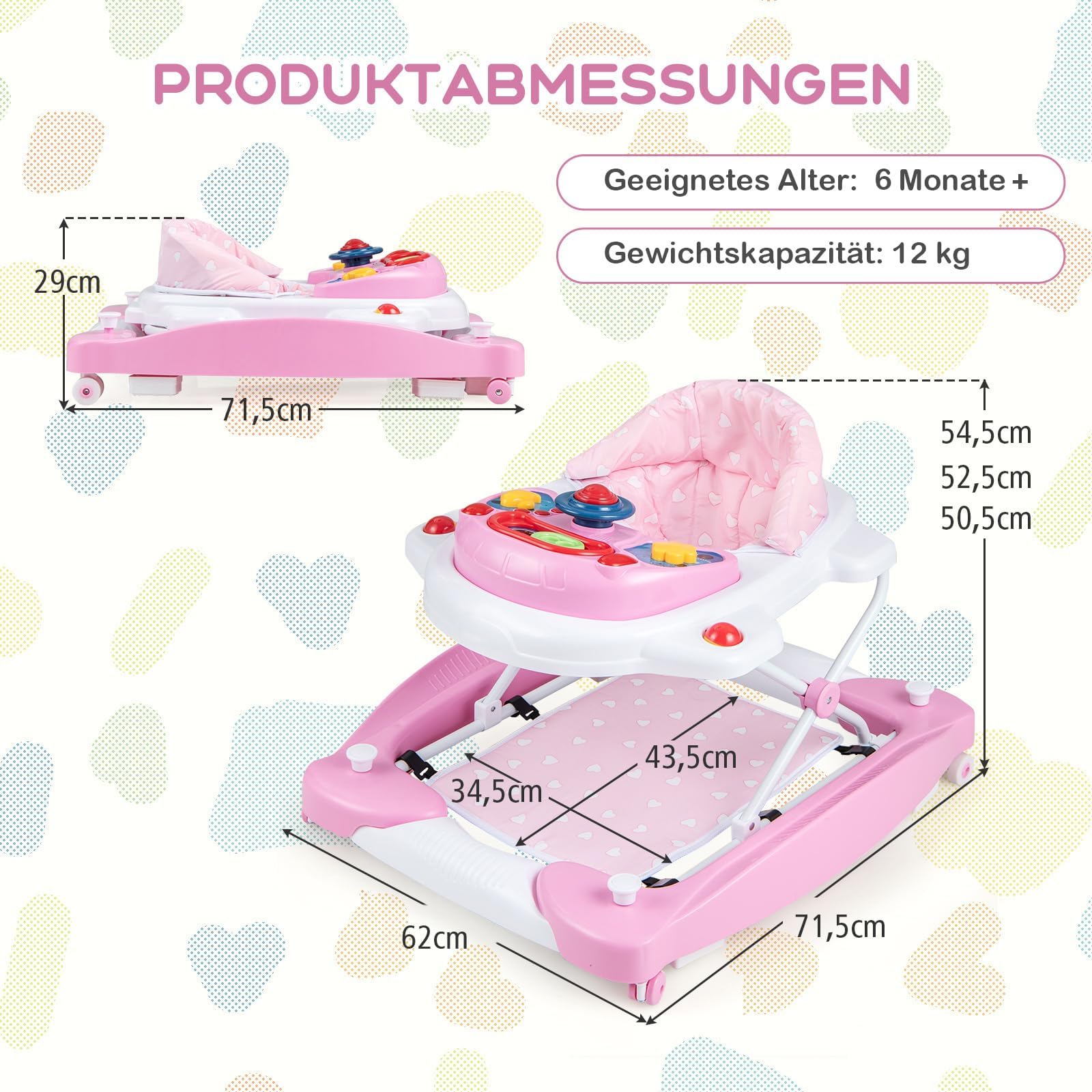 COSTWAY 6 in 1 Lauflernhilfe, Lauflernwagen mit abnehmbarem Spielboard & Fußpolster, Baby Walker höhenverstellbar & klappbar, Laufwagen mit Musik & Licht, Gehfrei baby ab 6 Monaten (Rosa)