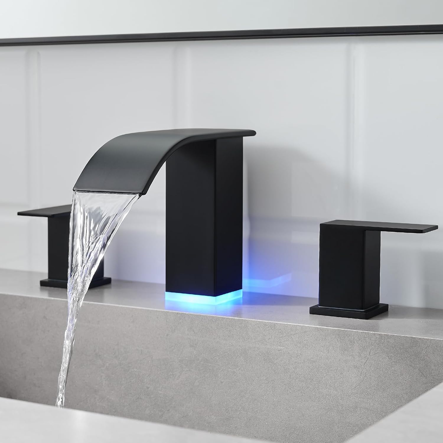 RUMOSE LED Bathroom Faucets Set Matte Black 8 inch Bathroom Sink Faucet 3 Hole with Pop Up Drain Widespread Lavatory Waterfall Vanity Faucet with 3 Colors Light Changing Stainless Steel Deck Mounted - Image 7