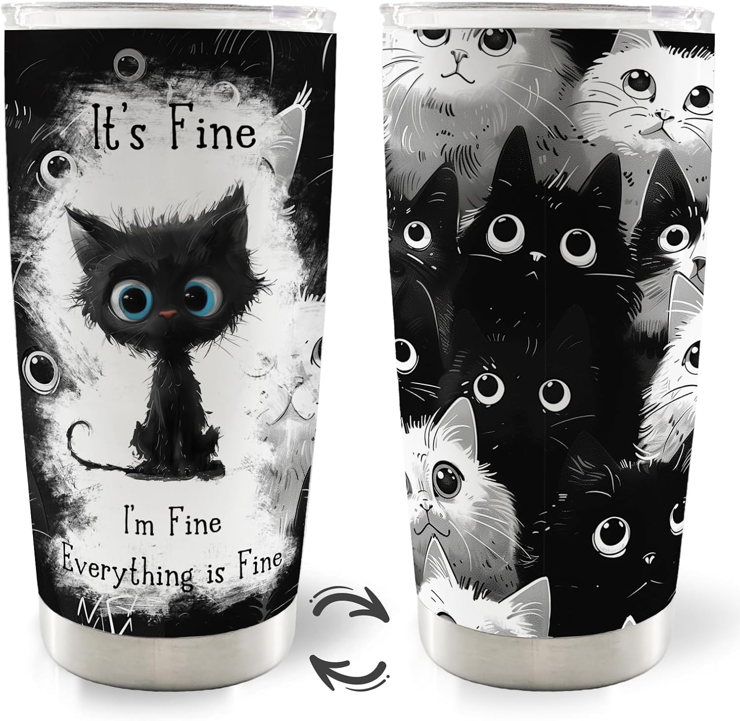 Cat Gifts for Cat Lovers, Funny Black Cats 20oz Travel Coffee Mug Tumbler, Im Fine Everythings Fine Stainless Steel Tumbler with Lid and Straw