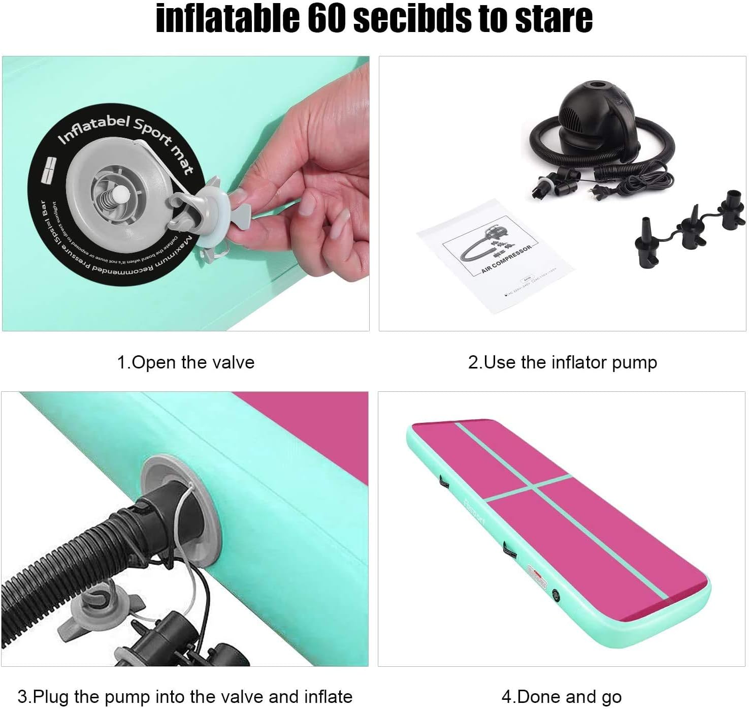 FBSPORT 8inches/4 inches Thickness Air Inflatable Track Mat,26ft/23ft/20ft/17ft/13ft/10ft Track Air Inflatable Mat For Gymnastics Training/Home Use/Cheerleading/Yoga/Water with Electric Pump : Sports & Outdoors