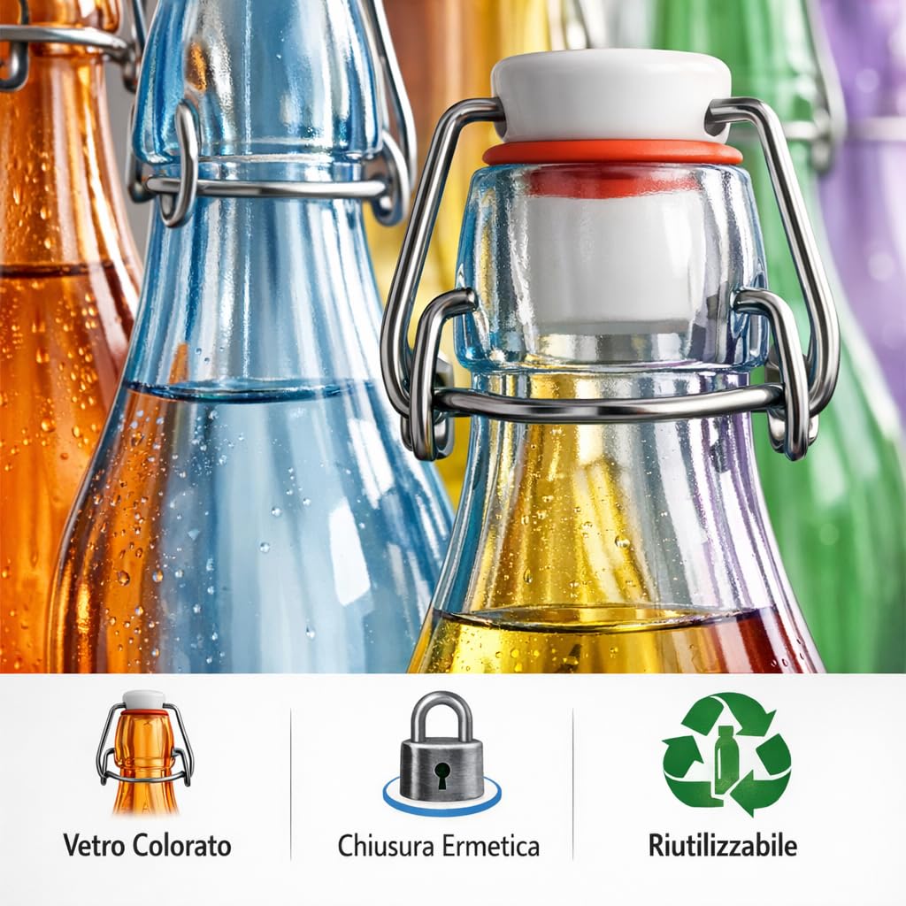 Set 6 Bottiglie in Vetro Colorato 1 Litro con Tappo Ermetico Caraffe Eleganti Bicchieri Multicolore per Acqua, Smoothie, Succo di Frutta Mod. SLIGO