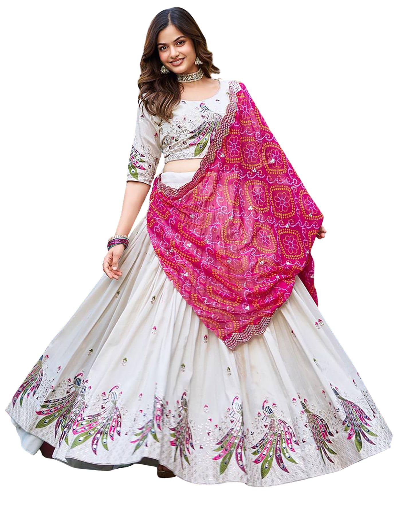 Women's Chinnon Traditional Motiff Semi-Stitched Lehenga Choli With Bandhani Dupatta Set (Peacock)-image-37