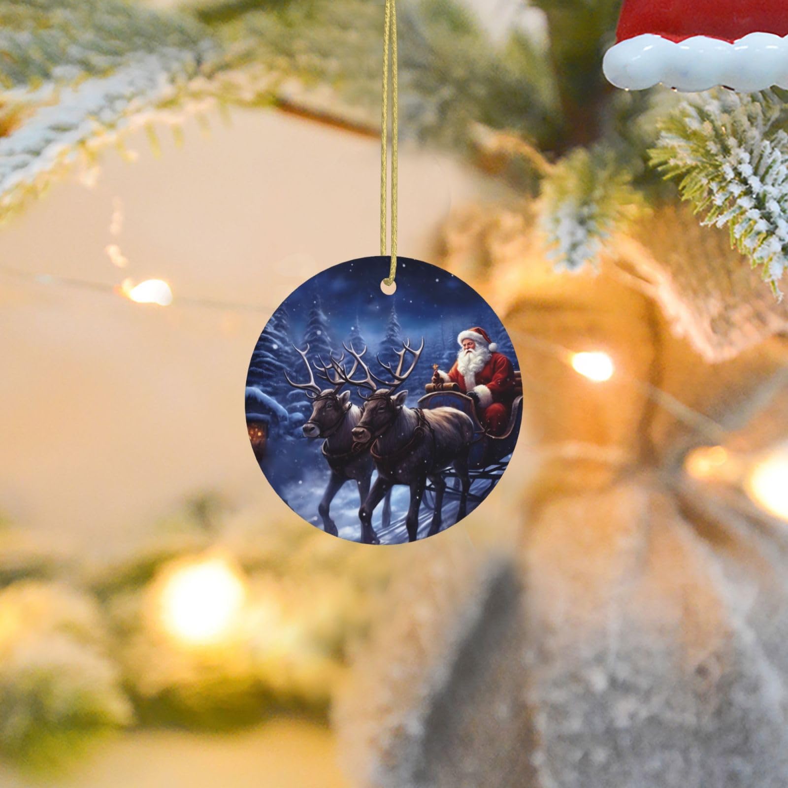 Christmas Tree Ornaments Ceramics Christmas Round Decorations Snow Night Santa and Deer Ceramics Ornaments Circle Pentagram Xmas Tree Hanging Pendant for Christmas Tree Party Holiday Home Decor