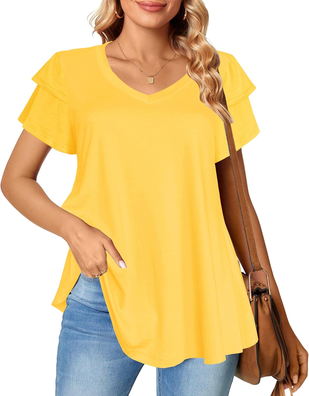 Afibi Womens Summer Tops Ruffle Short Sleeve V Neck T-Shirts Casual Loose Fit - Image 3