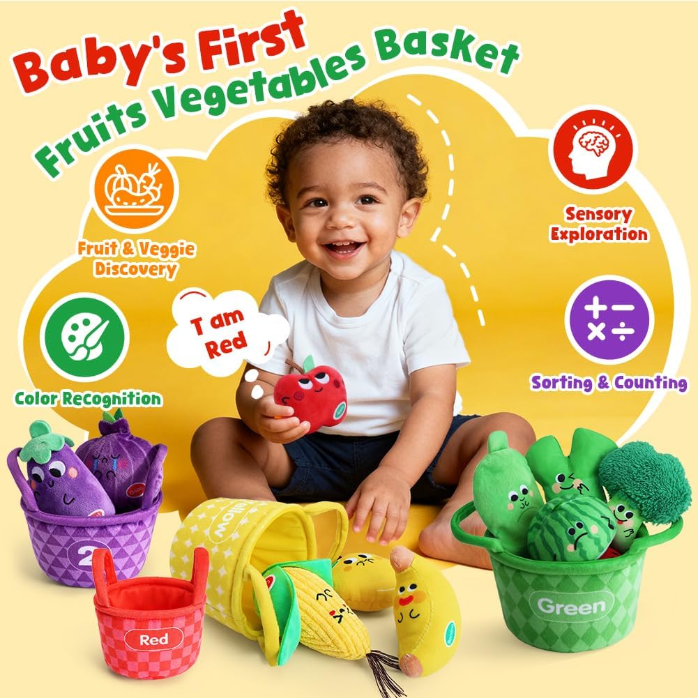 Sensory Bean Bags, Play Food for Toddler, My First Fruit Vegetable Basket Texture Sensory Toys with Crinkle Rattle, Color Sorting Matching Game, Easter Soft Plush Stocking Stuffers Baby Boy Girl