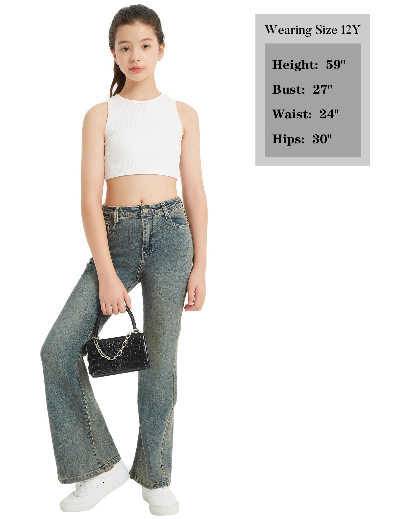 EXARUS Mädchen-Schlag-Jeans, Glockenunterteil, Denim-Hose, ausgestellt, gerissen, niedlich, Bootcut, mittelhohe Taille, elastische Taschen, Kinder