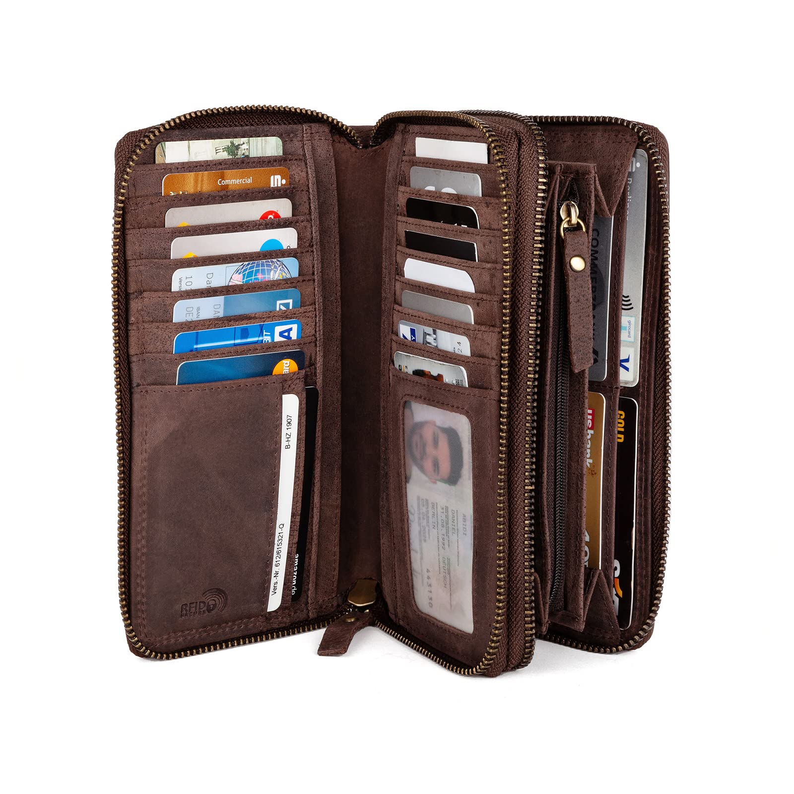 Billetera para Mujeres | Billetera XXL de Cuero Genuino | Doble Cremallera | Protección RFID | Compartimento Monedas | 29 Compartimentos para Tarjetas | Cartera para Mujer