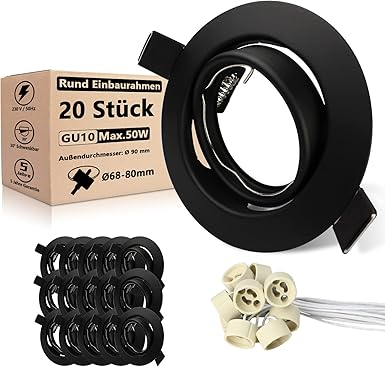 Allesgute Allesgute 20 LED inbouwspots GU10 set draaibaar 230V inbouwlampen inbouwframe rond mat zwart LED-spot 68mm gatdiameter incl. GU10-fitting voor lamp of halogeen