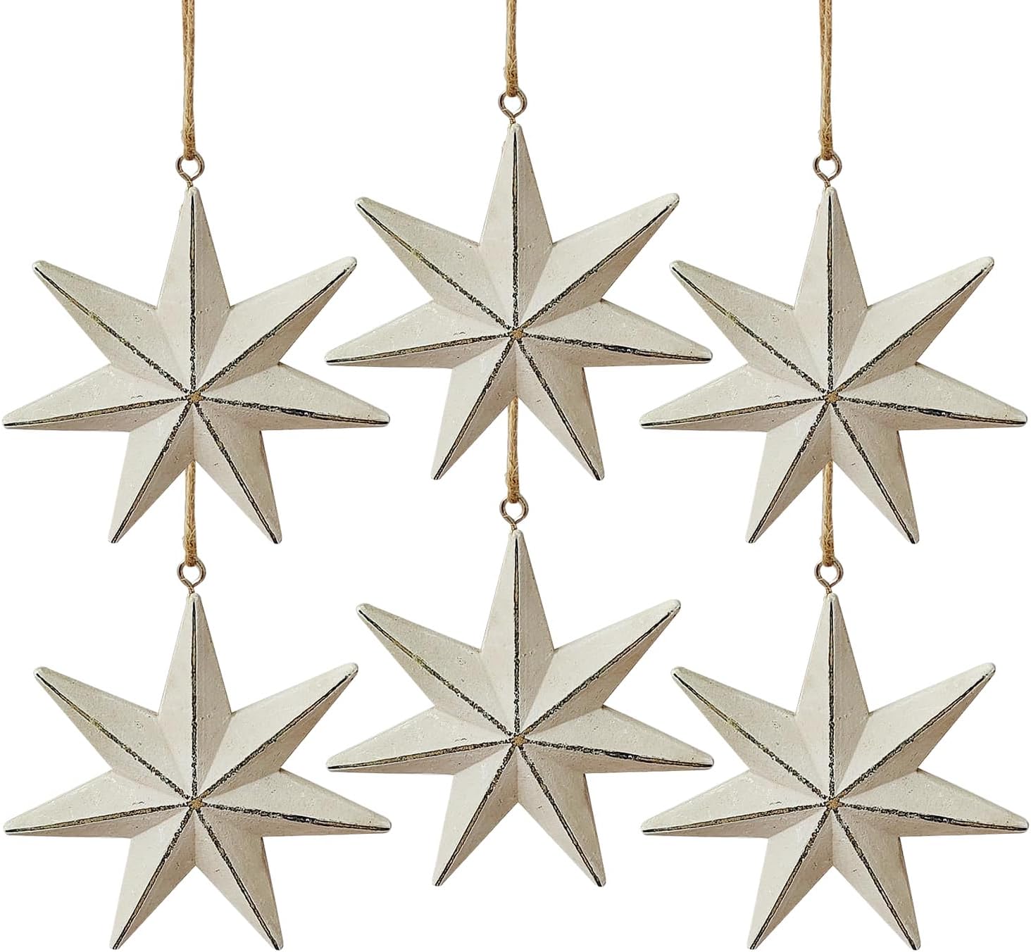 Nordic Wooden White Star Christmas Decorations – Set of 6 Rustic ...