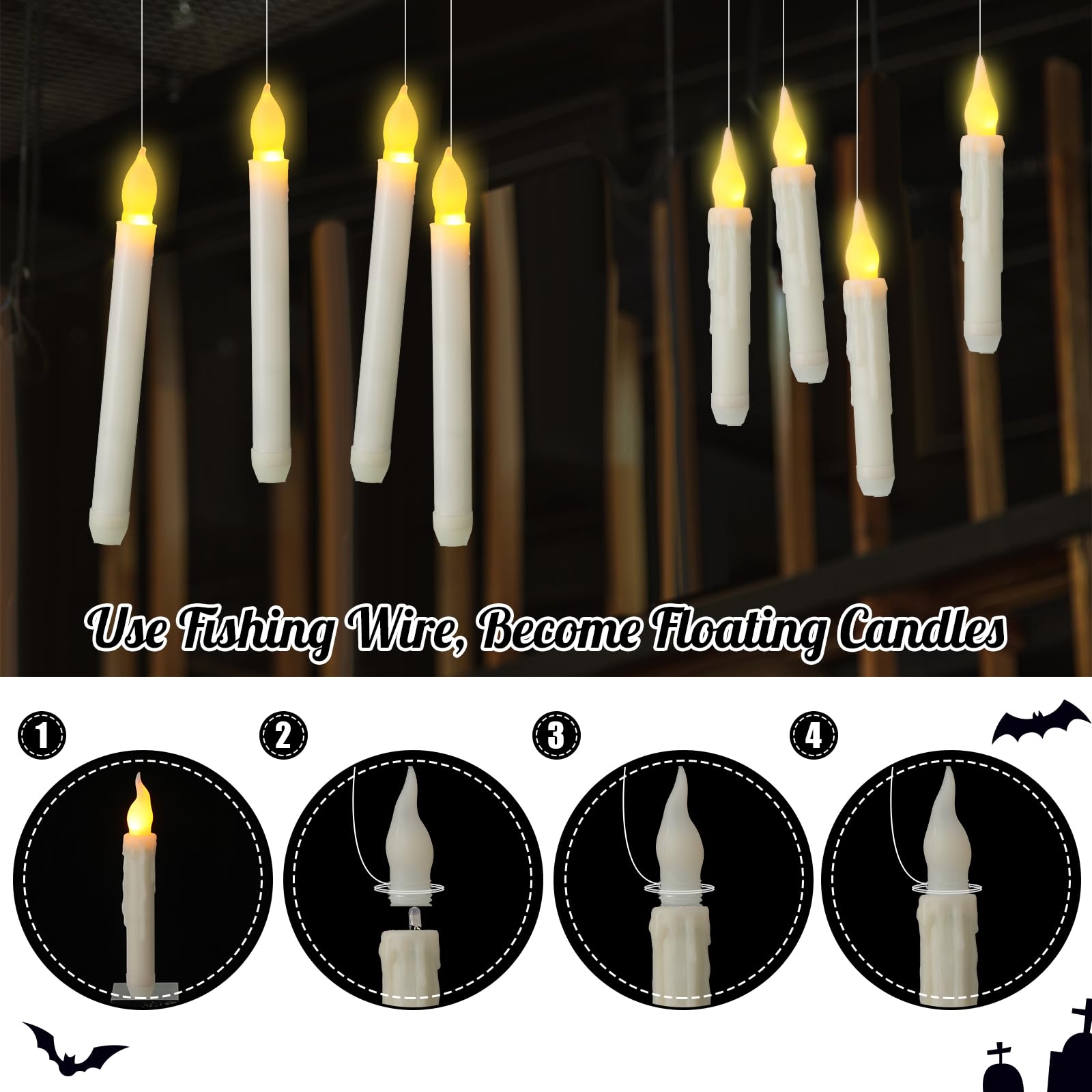 Retisee 48 Set Halloween Floating Candles with Remote Timer 8.3'' 6.7'' LED Floating Flameless Hanging Candles with 3D Flickering Glow for Fireplace Halloween Indoor Decoration Battery Operated