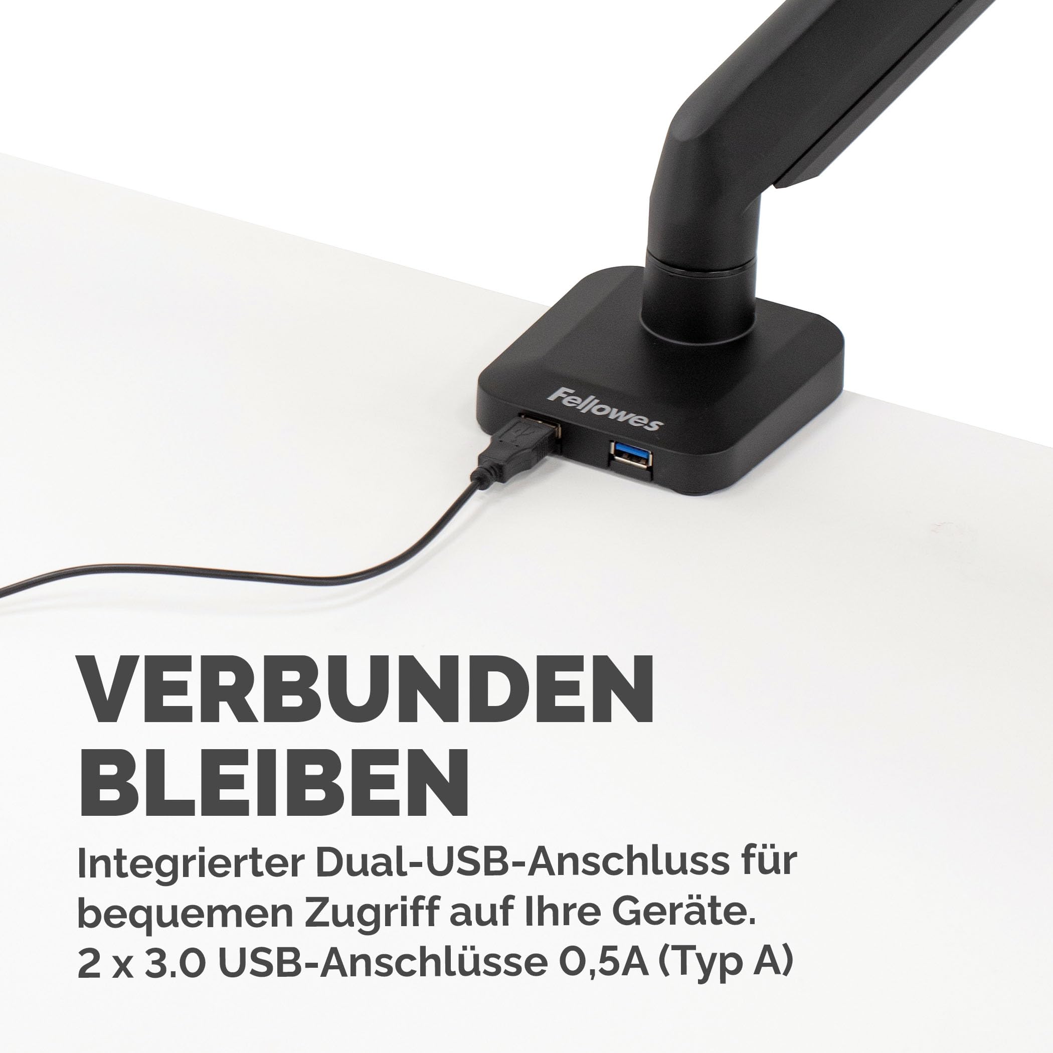 Fellowes Monitor Halterung für 1 Bildschirm bis 32 Zoll (81,28 cm) - Platinum Series Monitor Arm mit Gasfeder, USB Ports - Befestigung mit Klemme oder Kabeldurchlass - schwarz