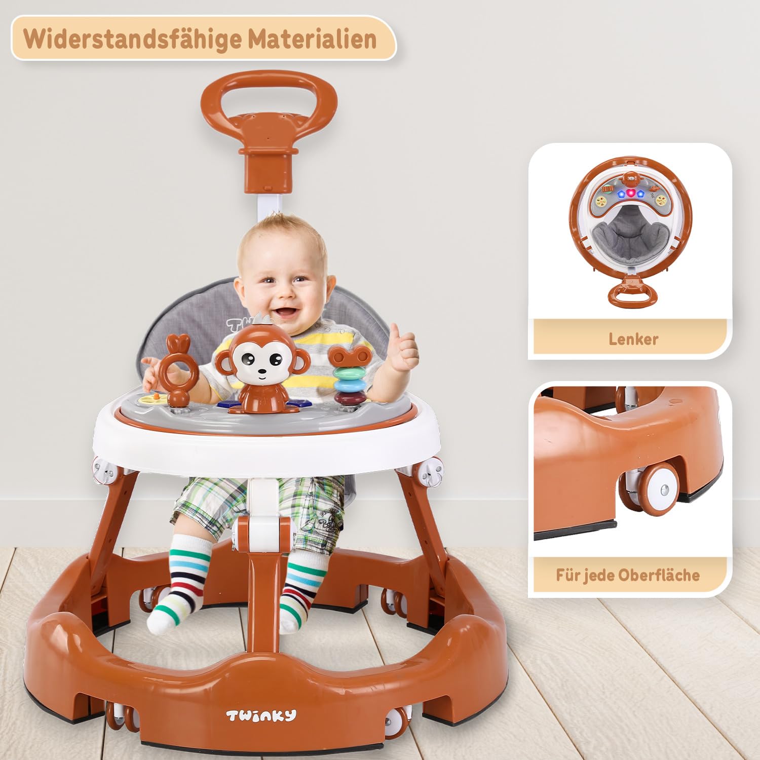 Twinky® Lauflernwagen mit Spielset & Bodenmatte - Robuste 4-fach verstellbare Vorschul-Lauflernhilfe - Ideal als Gehhilfe für die ersten Schritte Ihres Kleinen (Braun)