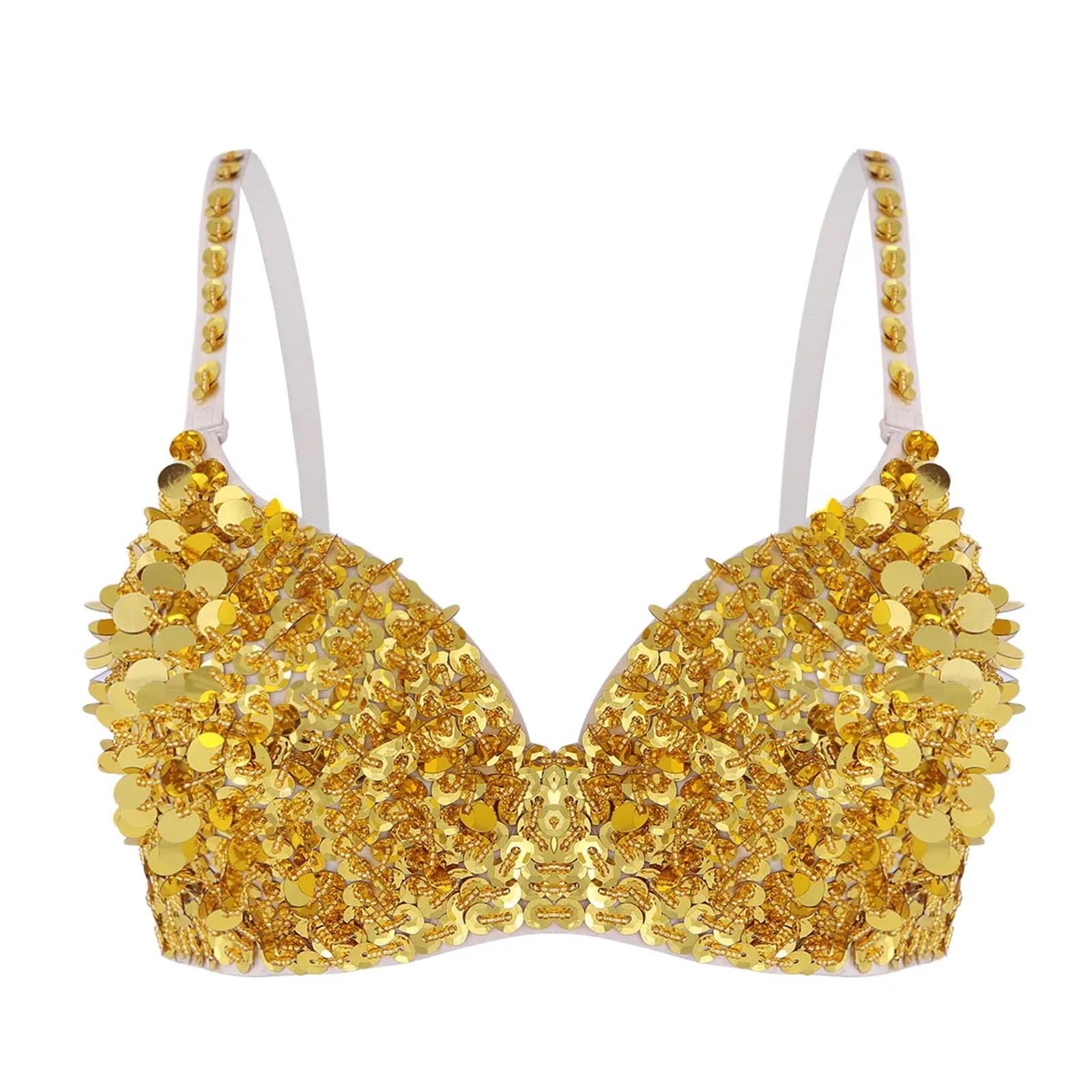 FonHNDG Belly Dancer Top Womens Belly Dancing Bustier Bra Sparkle Glittering Sequins Beading Padded Top for Dances Carnival Costumes(Gold,34)
