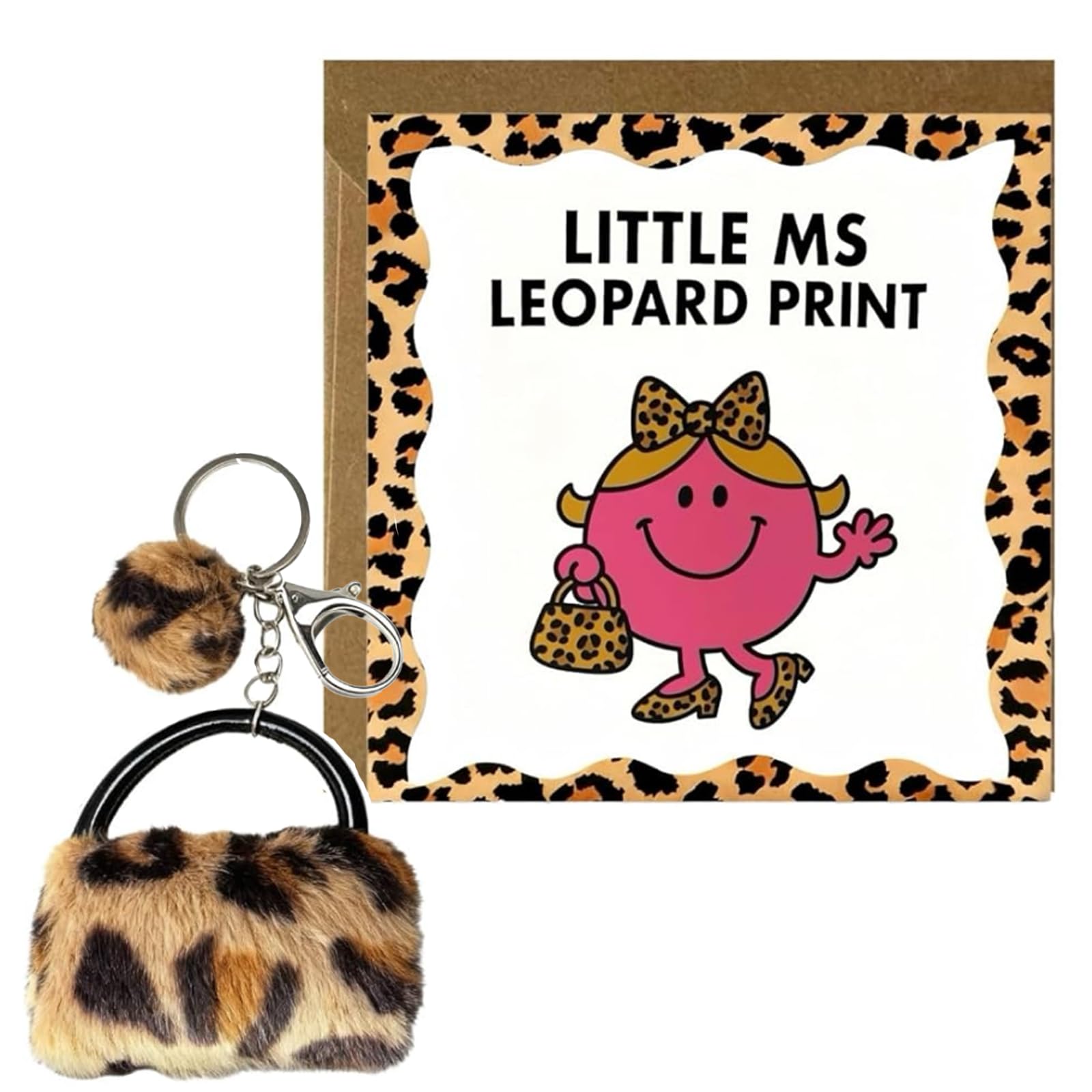 Aikobaa Unisex White Leopard Print Gifts For Women, Mini Bag Keychain & Funny Card Set, Animal Print Keyring With Leopard Print Fabric, Novelty Humour Card For Friend Birthday