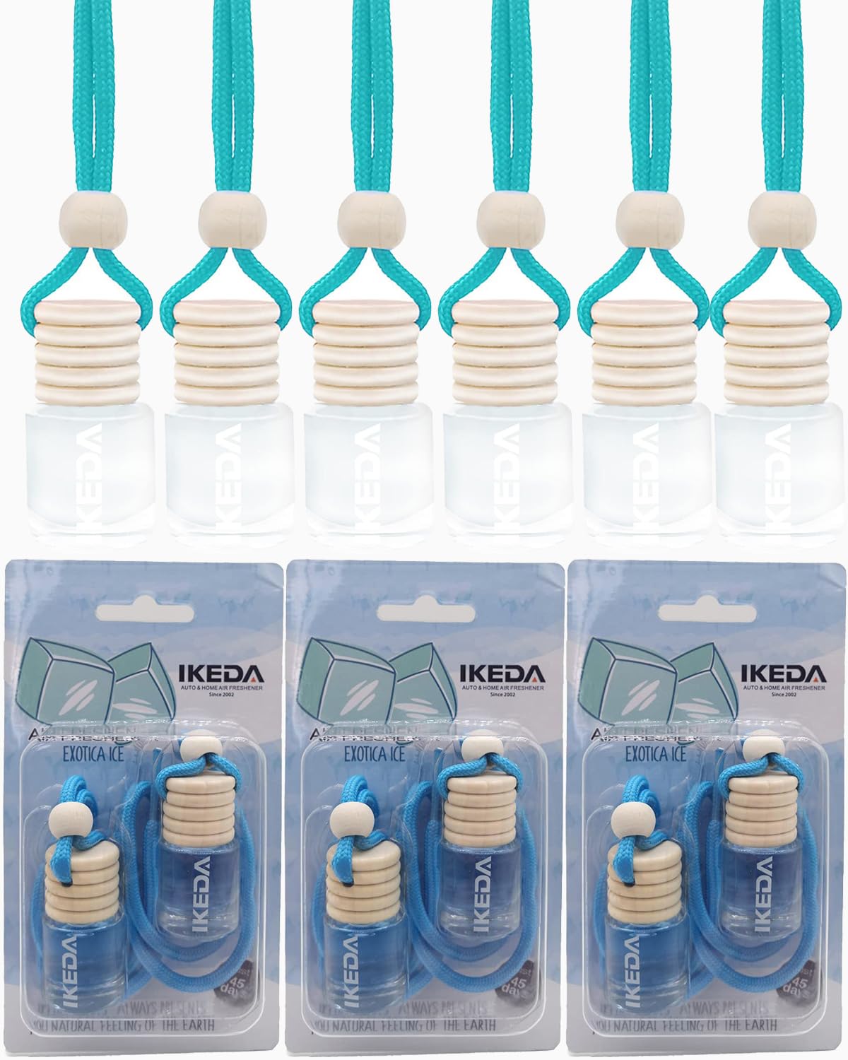 ikeda fragrance Hanging Car Air Freshener 6 Pack, 4ml Ice Scent Essential Oil Diffuser, 45-Day Long-Lasting Cool Refreshing Fragrance, Glass Bottle Car Accessories for Women &amp; Men