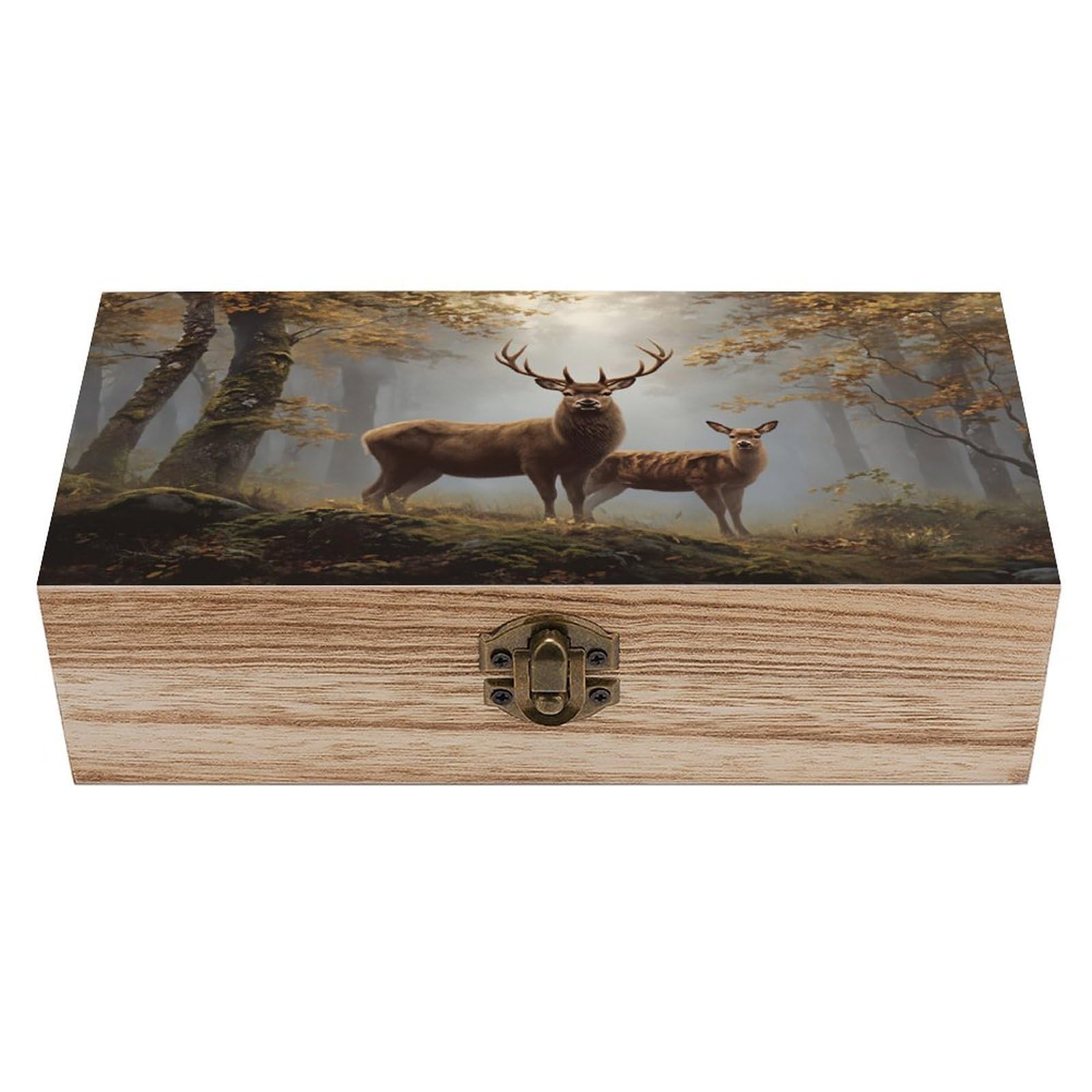 SMAZDFXX Deer In Autumn Scene Wooden Keepsake Box Vintage Solid Wood with Hinged Lid 7.9"×3.7"×2.3" Metal Latch Rustic Home Decor for Jewelry Photos And Trinkets