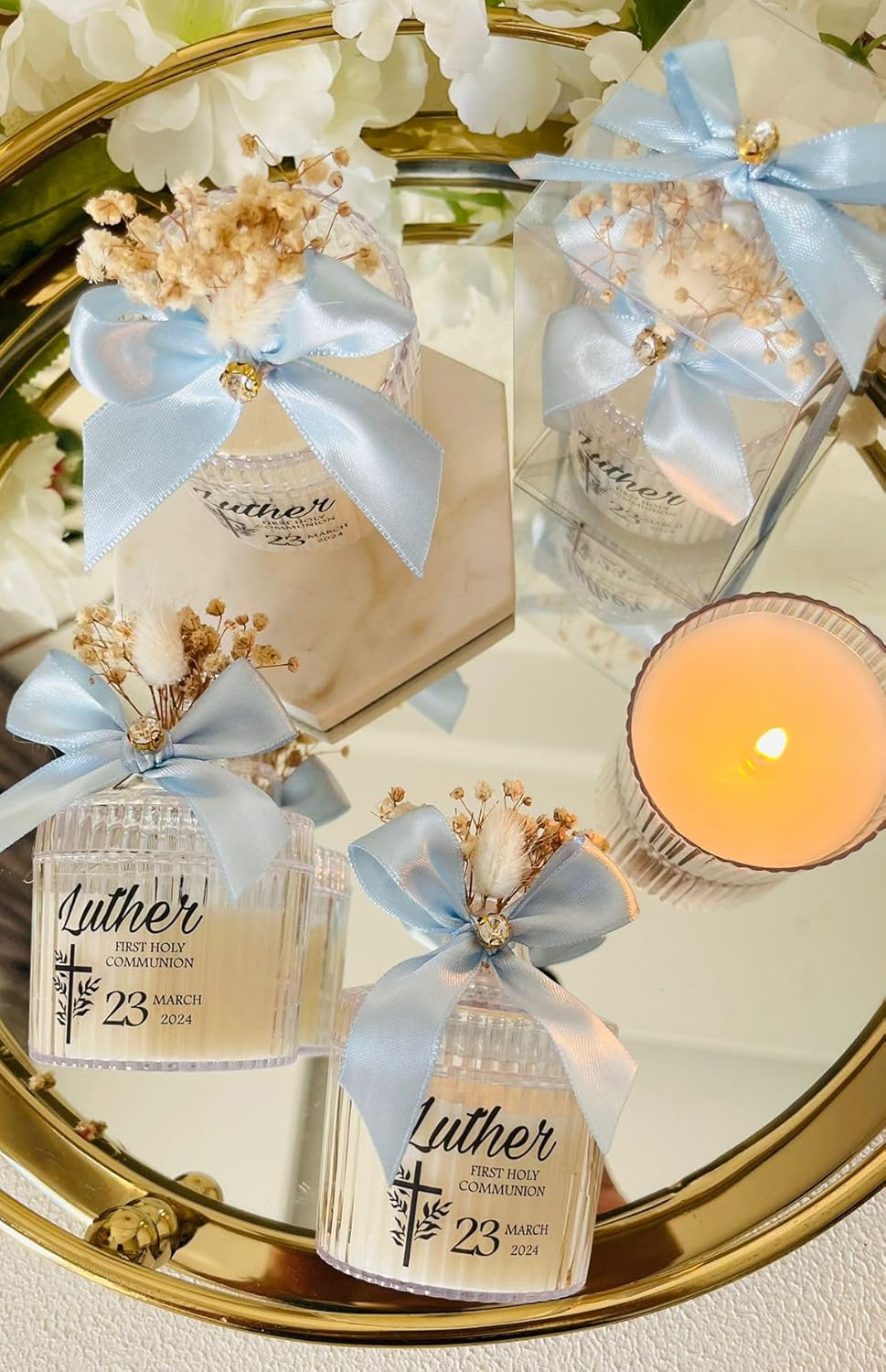 Personalized Baptism Candle Favors – Elegant Velas de Bautizo for Girl or Boy, Mi Bautizo Recuerdos, Religious First Communion or Christening Gift, Bulk Party Favors