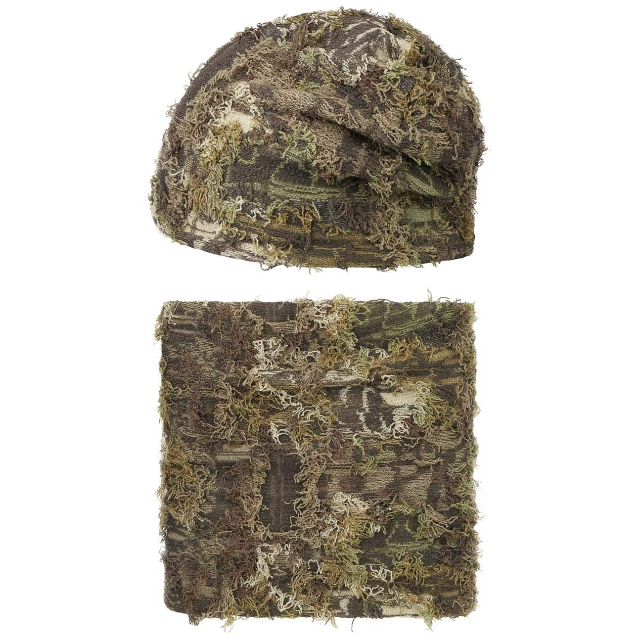 faustmann GERMANY LODENHUT MANUFAKTUR Beanie Rundschal Set Camouflage Fransendekor Damen und Herren Herbst Winter