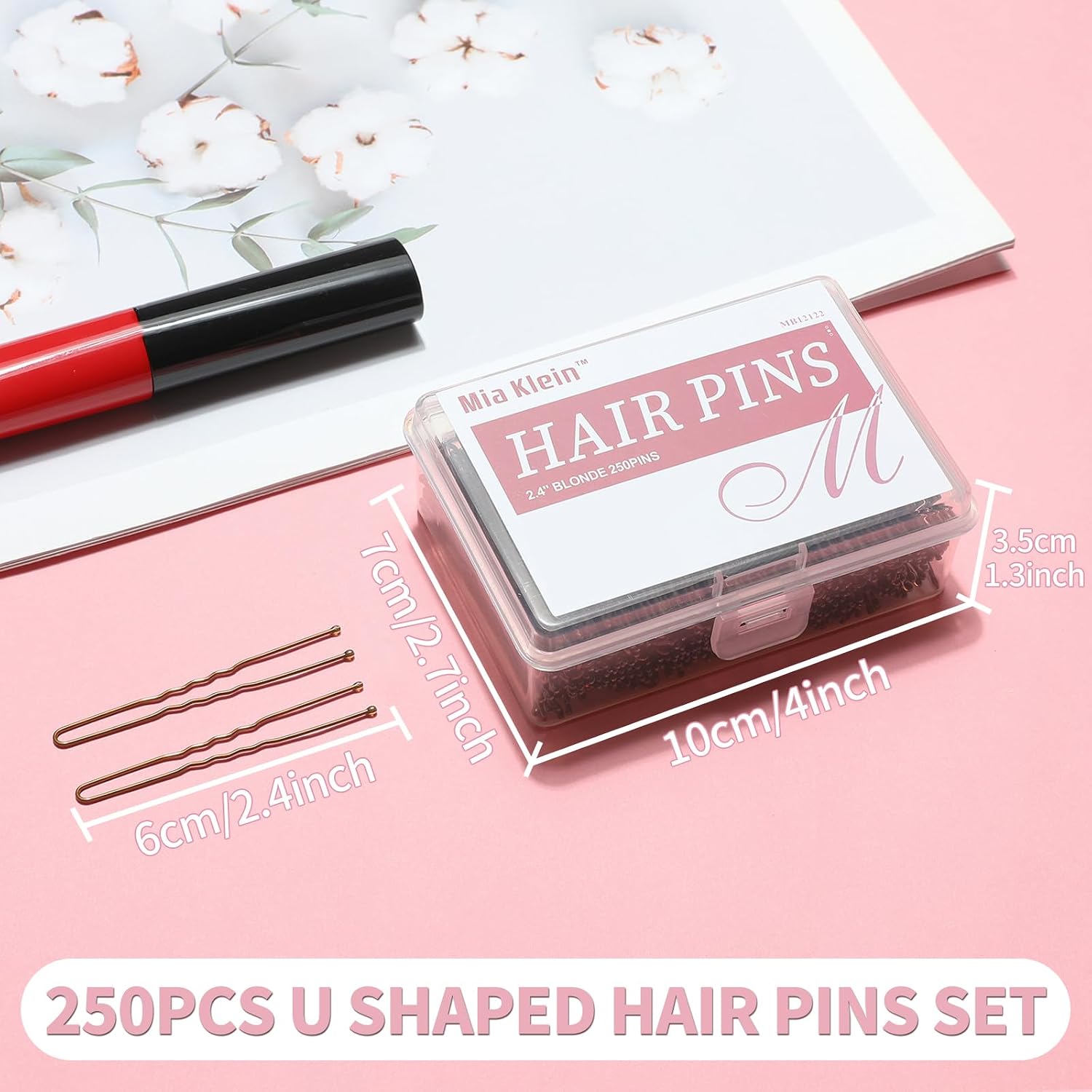 Mia Klein U Shaped Hair Pins -2.4 Inch 250 Count, Hair Pins for Women, Girls, Hairpins for Updos and Bun Hair, Hair Tools for Wedding and Dancing, Includes Storage Box(Bronze)