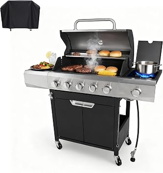 Endark 5-Burner Propane Gas Grill 58,500 BTU & Cover Stainless Steel Outdoor BBQ with Side Burner, Porcelain Cooking Grates & Wheels for Patio, Garden, Backyard