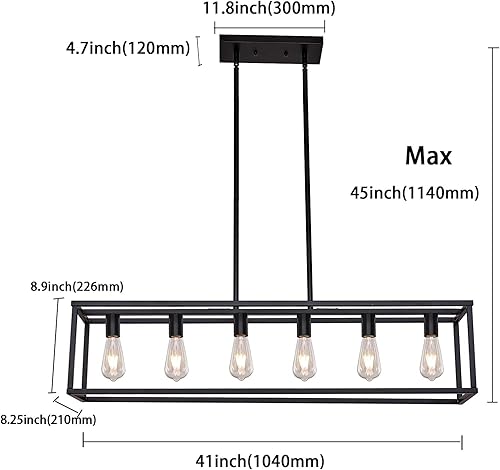 Miniatura 5 de Lámpara de araña negra, 6 luces de metal para isla de cocina, casa de campo, comedor, luz colgante rectangular lineal