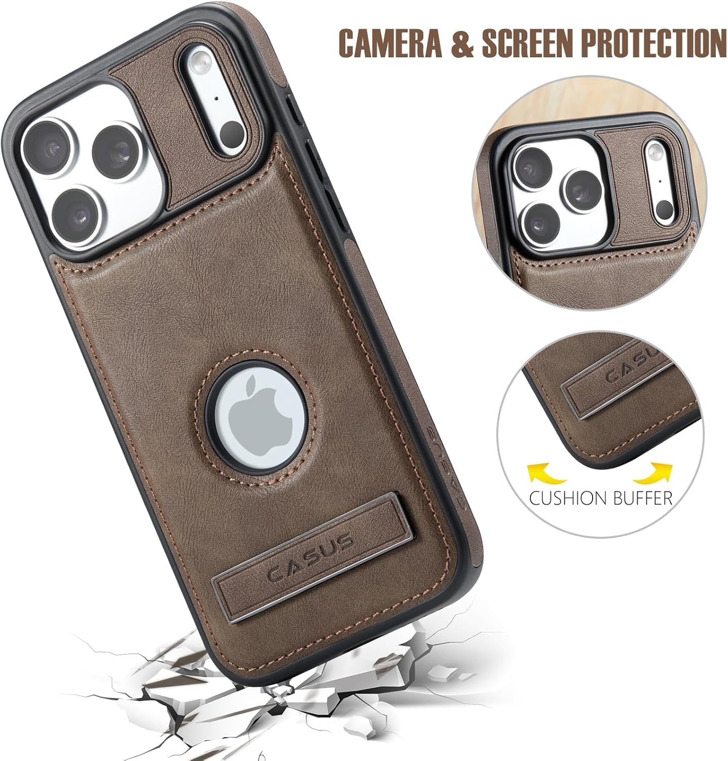 Casus Designed for iPhone 17 Pro Max Case with MagSafe, Slim Kickstand Vegan Leather Protective Cover with Tempered Glass Screen Protector, 6.9 Inch (2025), Gray - Image 3