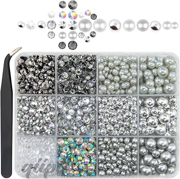 qiipii Silver 3mm-8mm Flatback Pearls and Rhinestones for Bedazzling Crafting Half Pearls Resin Stones Diamonds Gems Crystals Bedazzler Kit for Nails Face Eyes Makeup Tumblers Bottles DIY Crafts Shoes