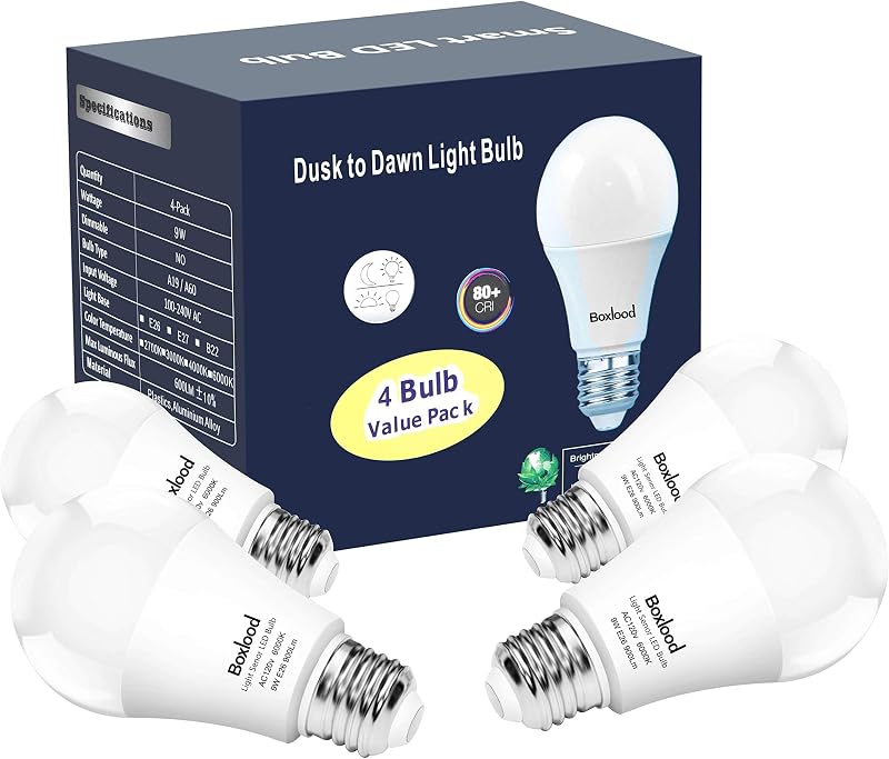 Bombillas de luz de atardecer a amanecer, 9 W (equivalente a 100 W) Bombilla con sensor de luz de encendido/apagado automático, detector de fotocélula incorporado, no requiere temporizador E26 A19 120 V 6000 K blanco frío para interior exterior patio garaje