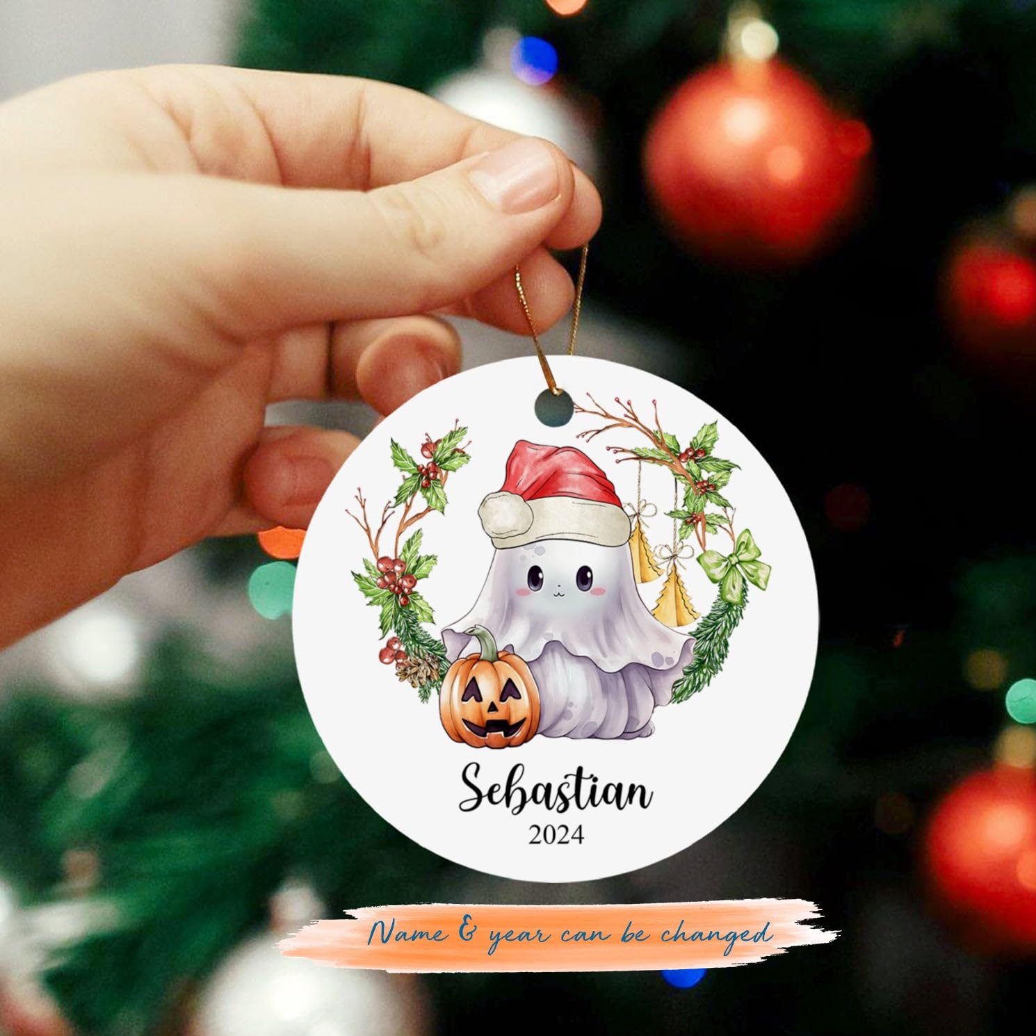 Personalized Ghost Ornament for Baby Boy or Girl, Customized Name & Year Keepsake, Halloween Decoration