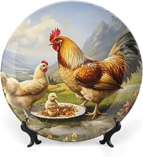 Rooster Hens Chick Chicken Bone China Decorative Plates Display Stand Ceramic Dinner Collection