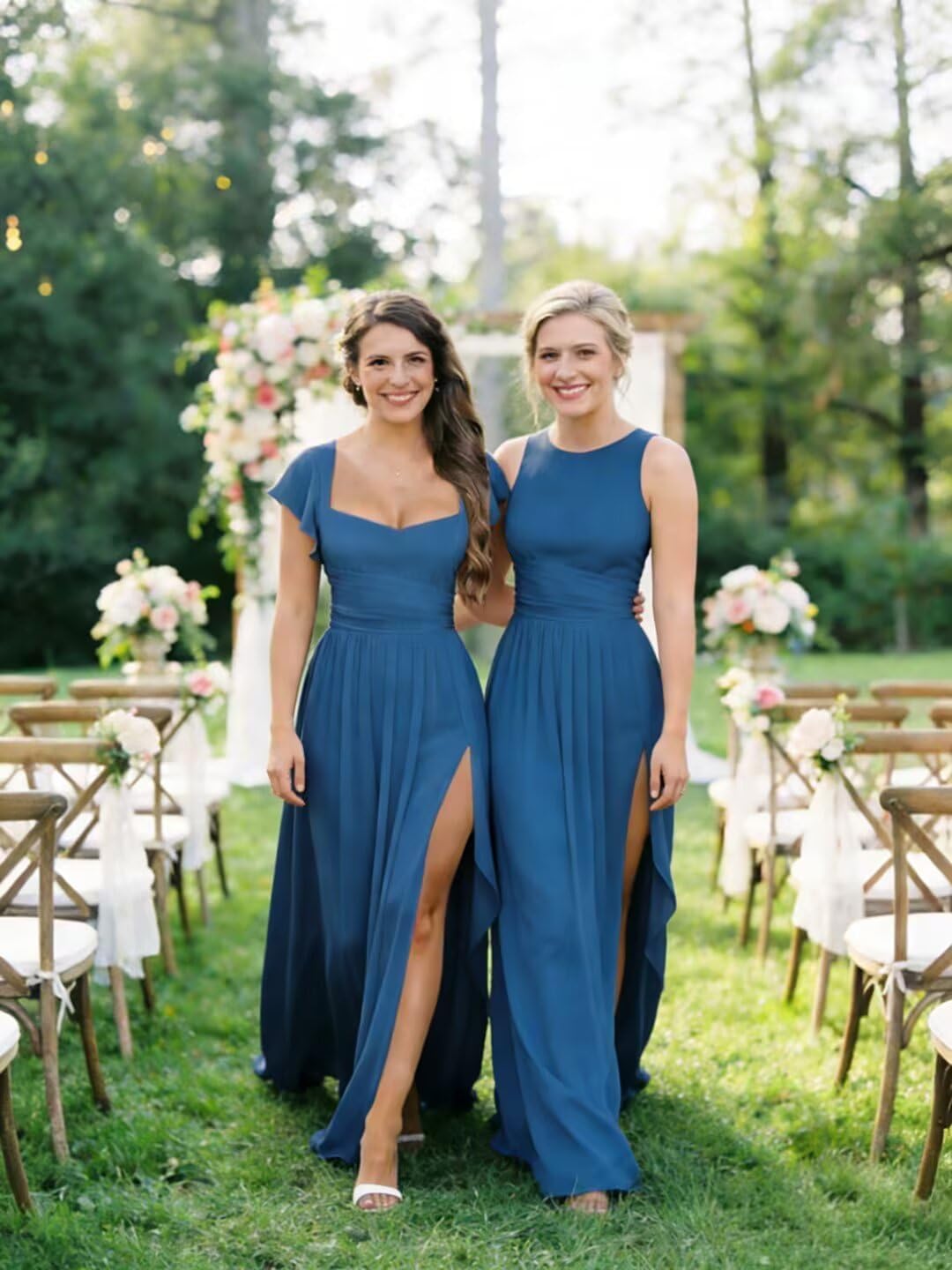 Chiffon Bridesmaid Dresses with Slit Square Neck A Line Ruffles Sleeve Corset Formal Evening Dress - Image 4