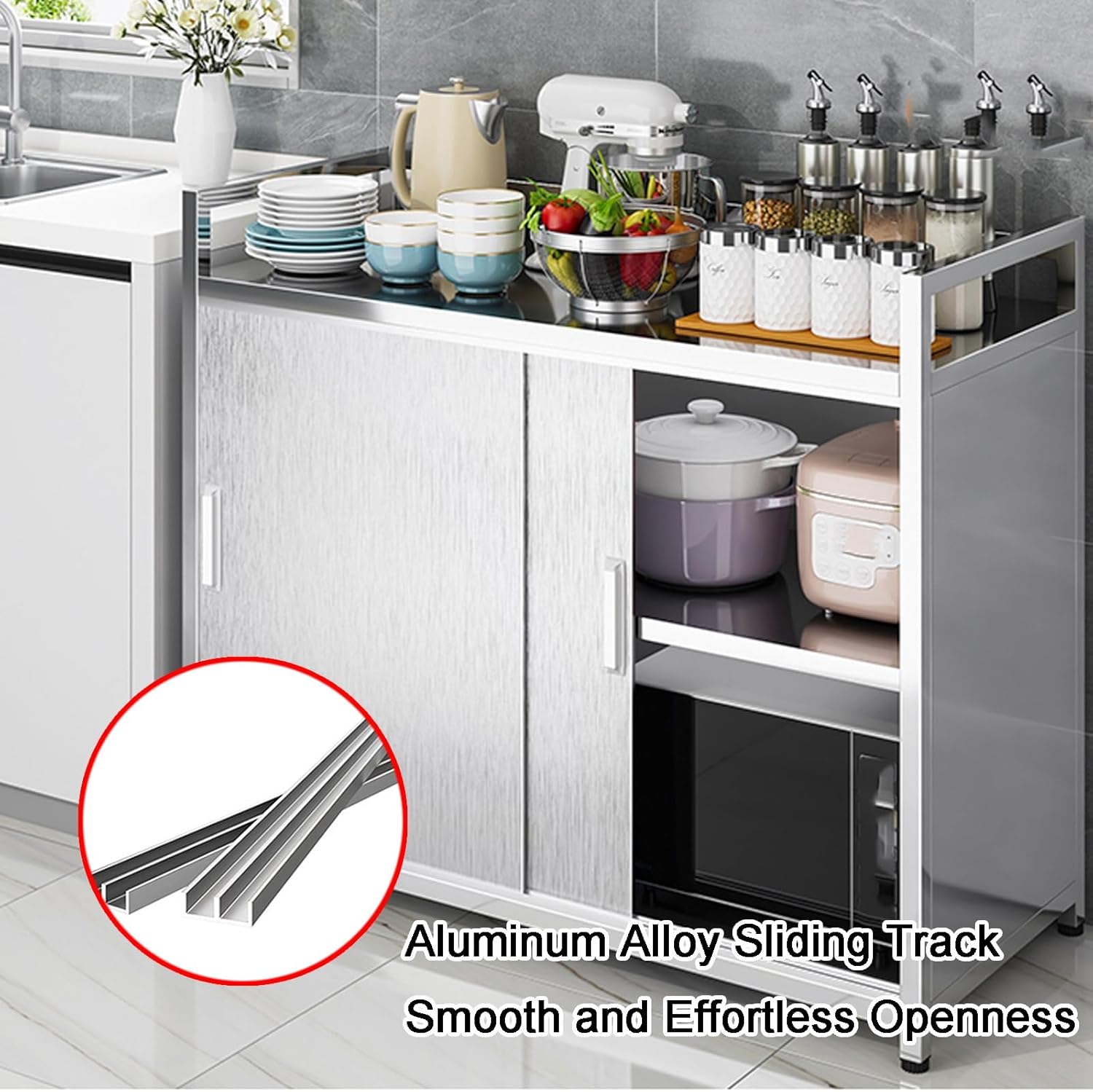 Stainless Steel Workbench with 10 Cm Guardrails Sliding Doors and Aluminum Alloy Tracks Work Table Features Adjustable Legs 90 Cm in Height and Cross-Beam Reinforcement Suitable for Kitchens