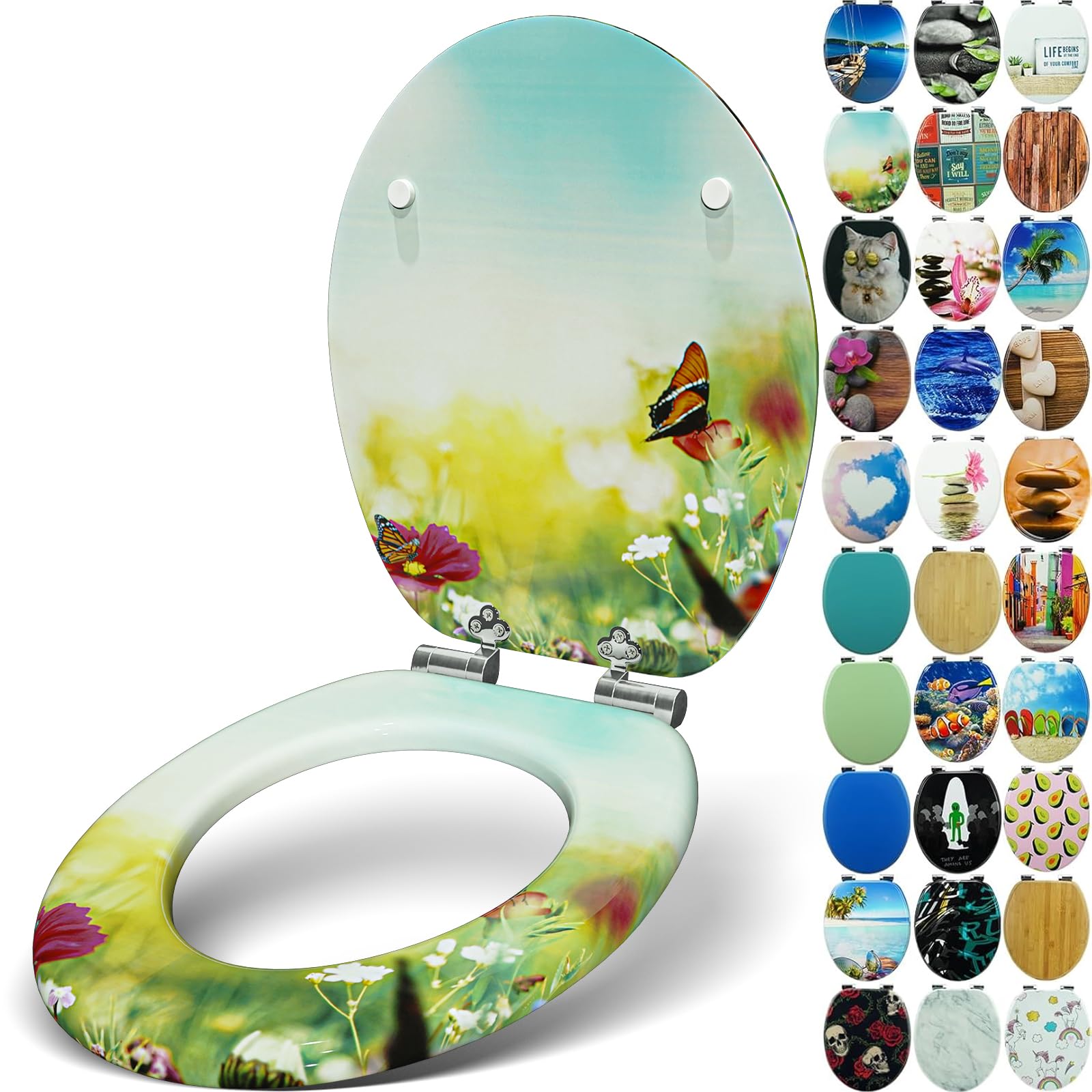Sanfino® Premium Toilet Seat with Soft Close - Wooden Toilet Lid, Lots of Colourful and Decorative Designs, high Seating Comfort, Easy to Install Including Instructions - "Butterfly Meadow" — image 1