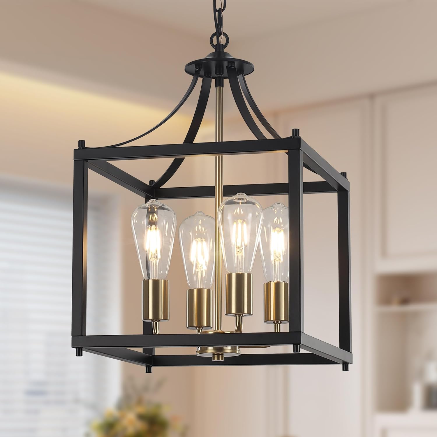 4-Light Gold Farmhouse Chandelier with Rustic Metal Frame Shade, E26 Bulb Base, Adjustable Height Industrial Ceiling Lights for Dining Room Kitchen Entryway and Foyer
