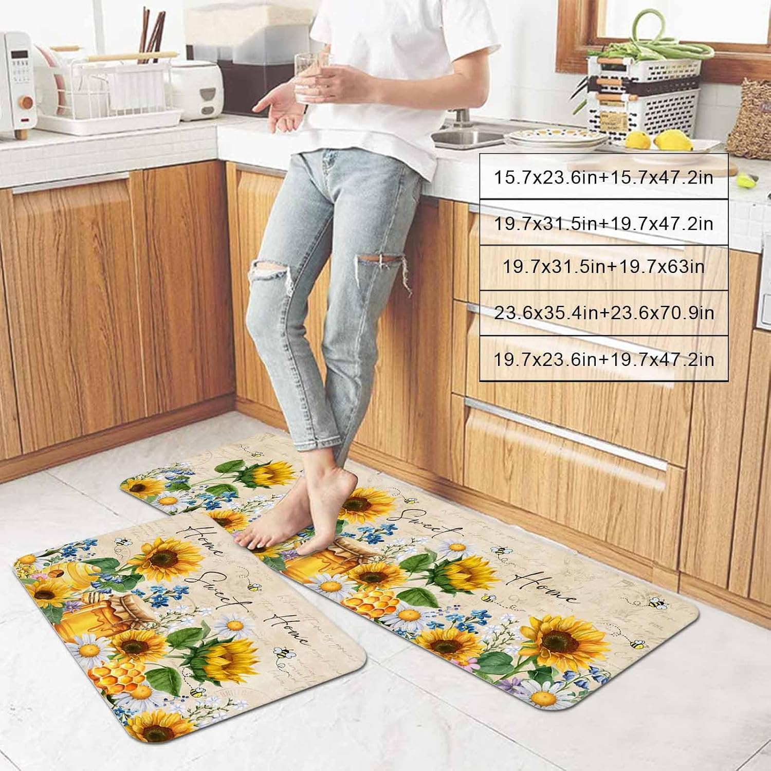 Sunflowers Honey Kitchen Mat Set 2 Pieces Daisy Blue Flowers Bee Home Country Farm Non Slip Kitchen Rugs Washable Runner Rug Mats for Kitchen Sink Laundry Office (15.7" x 23.6"+15.7" x 47.2")