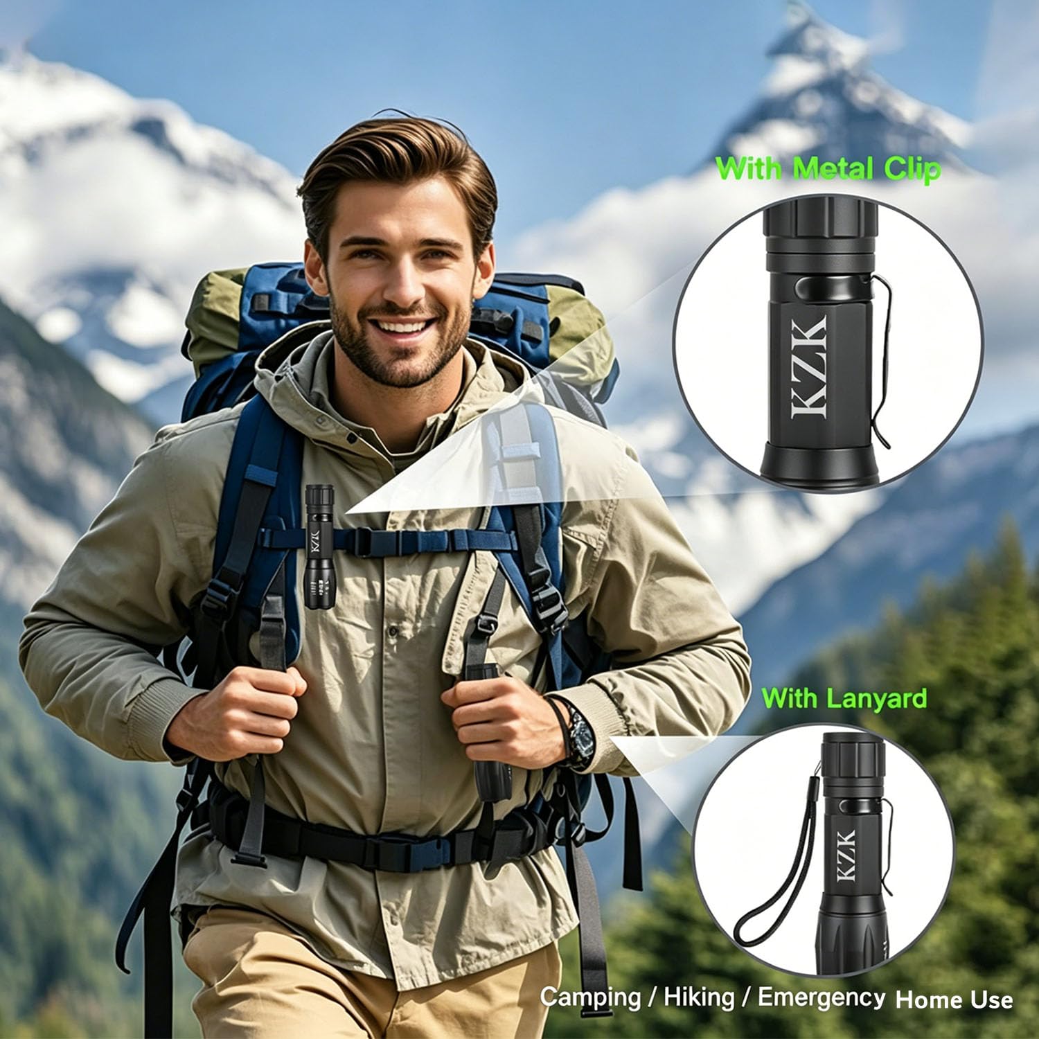 KZK Linterna LED táctica Zoomable, 2000 lúmenes altos, luz de flash de mano, 5 modos de luz (alto/medio/bajo/estroboscópico/SOS), resistente a la lluvia, linterna de clip portátil para camping