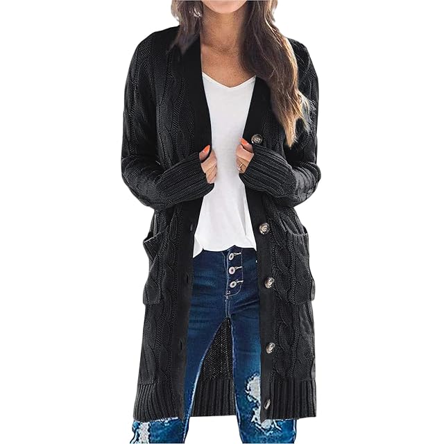 Long Coat for Women Casual Cable Knit Open Front Cardigan Sweaters Long Sleeve Button Coats Outerwear with Pockets