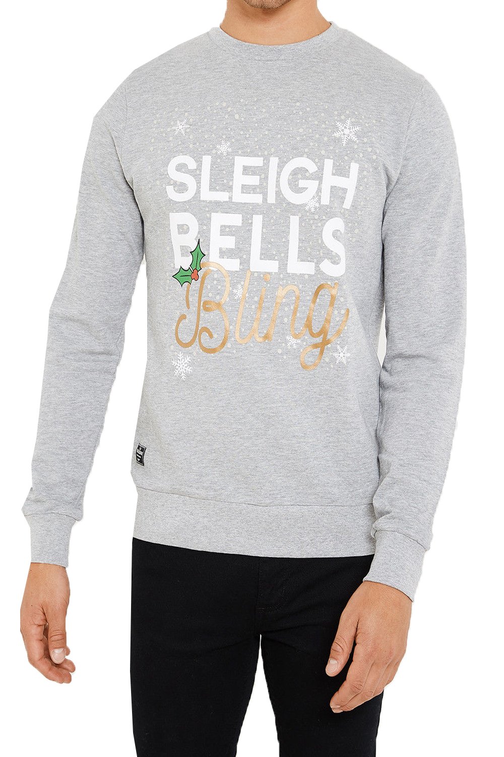 Threadbare Crew Neck Sleigh Bells Bling Christmas Sweatshirt Jumper Grey
