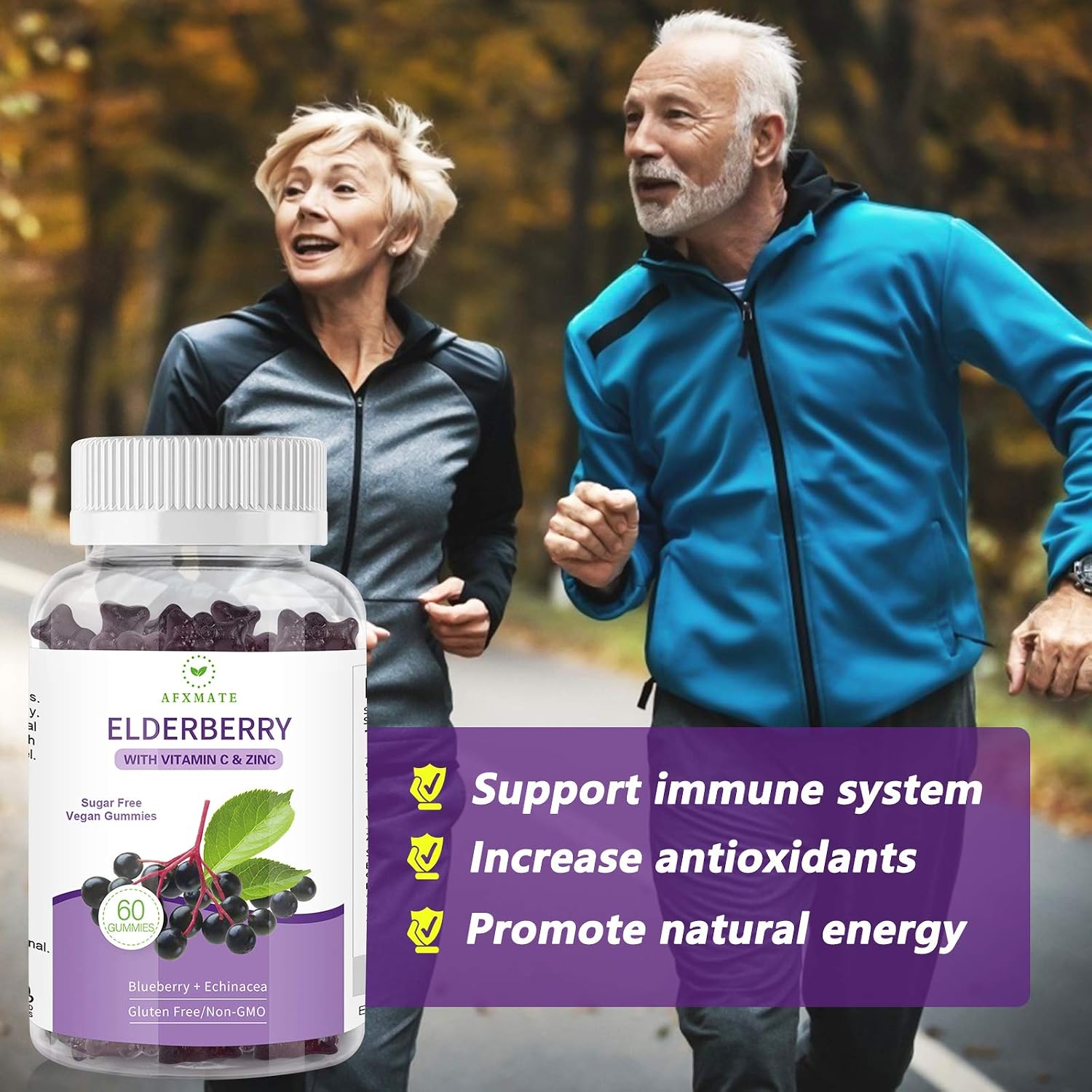 AFXMATE (2-Pack) Elderberry Gummies Sambucus Black Elderberry - for Adults Kids, with Zinc and Vitamin C