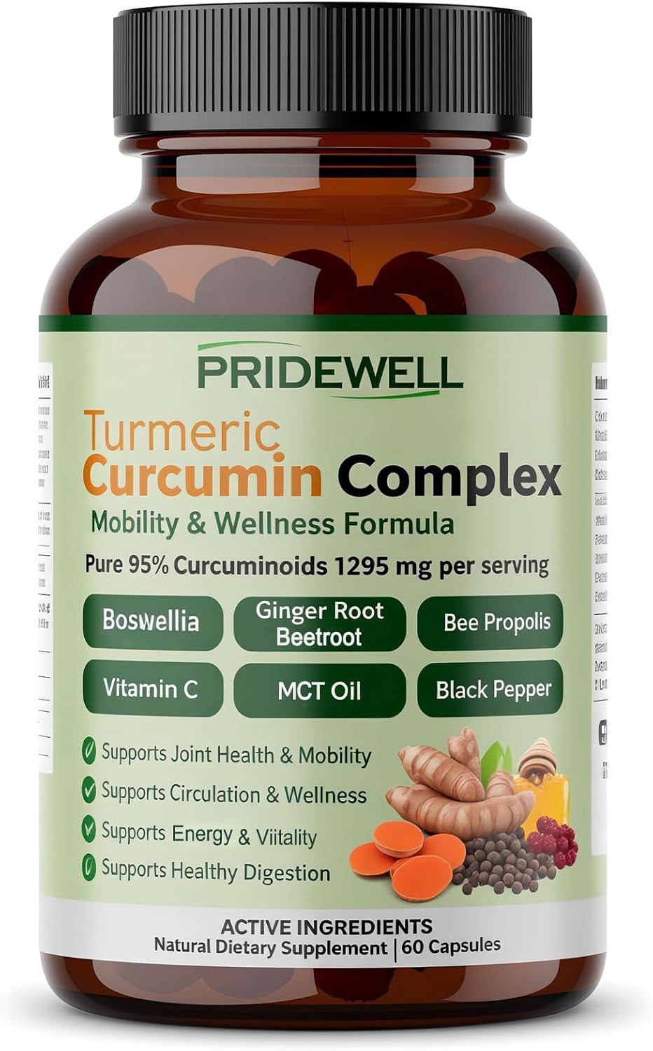 PRIDEWELL Turmeric Curcumin Capsules, Mobility & Wellness Formula with Black Pepper Extract, Antioxidant Support, Easy-to-Take Capsules