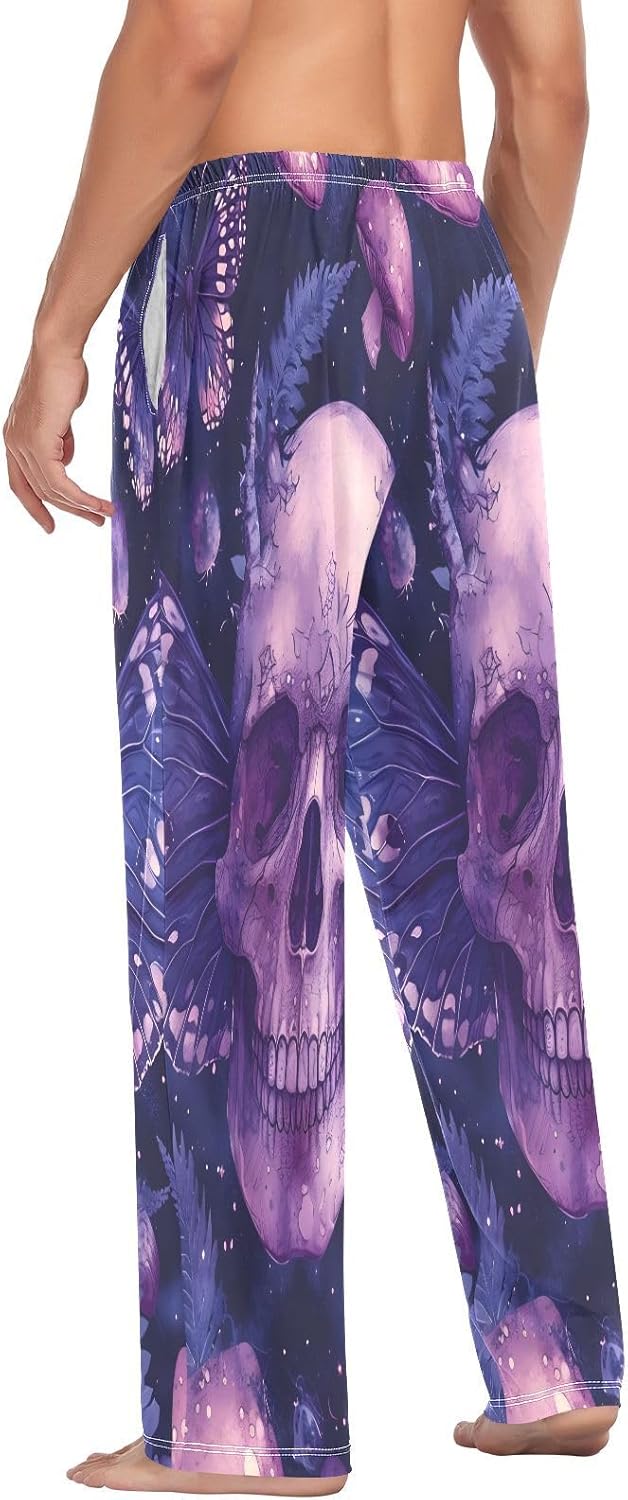 ALAZA Skull Moon Butterfly Men's Pajama Pants Men Cotton Pajama Bottoms with Pockets, S