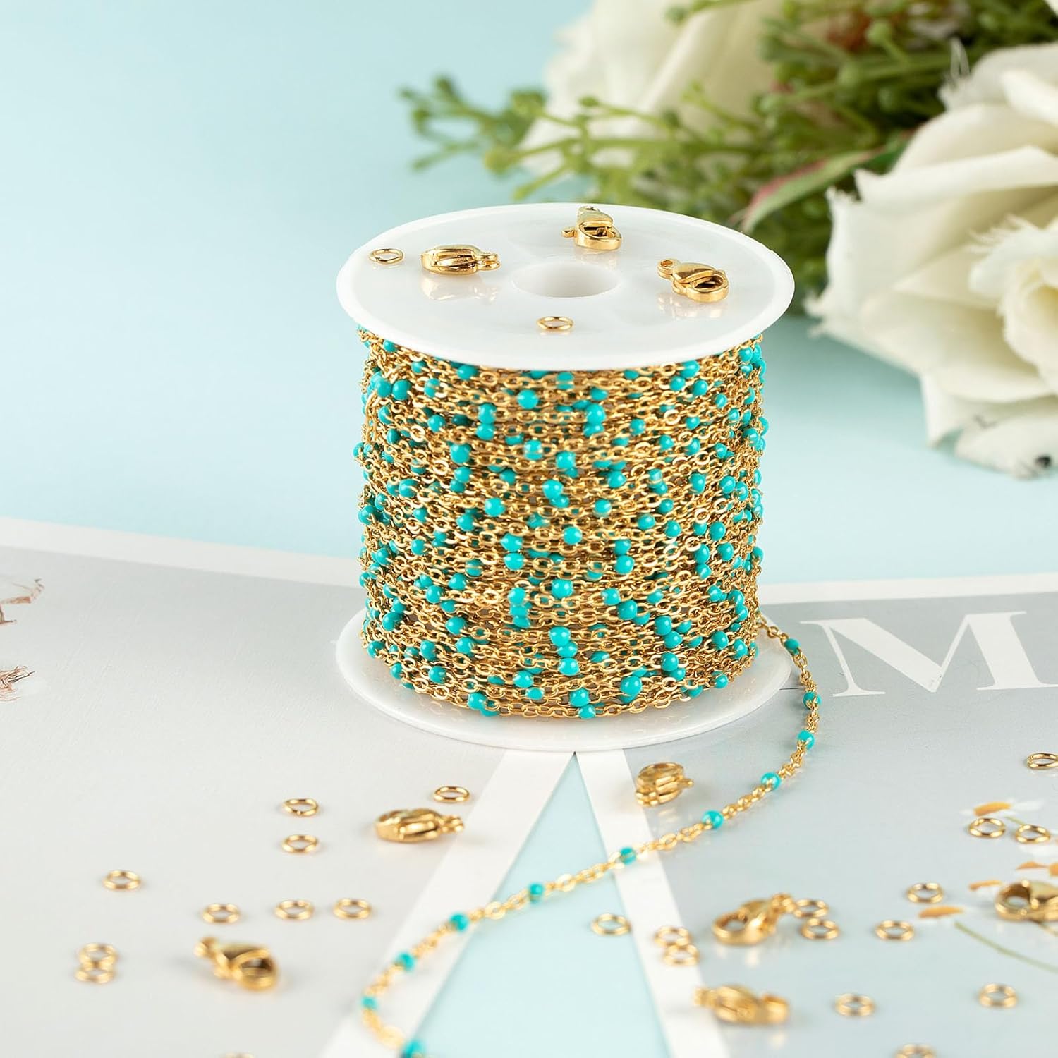 KYUNHOO 16.4 Feet Gold Plated Chain for Jewelry Making Turquoise Beaded Rosary Spool Stainless Steel Chains for Necklace Ankle Earring DIY Jewelry Findings - Image 6