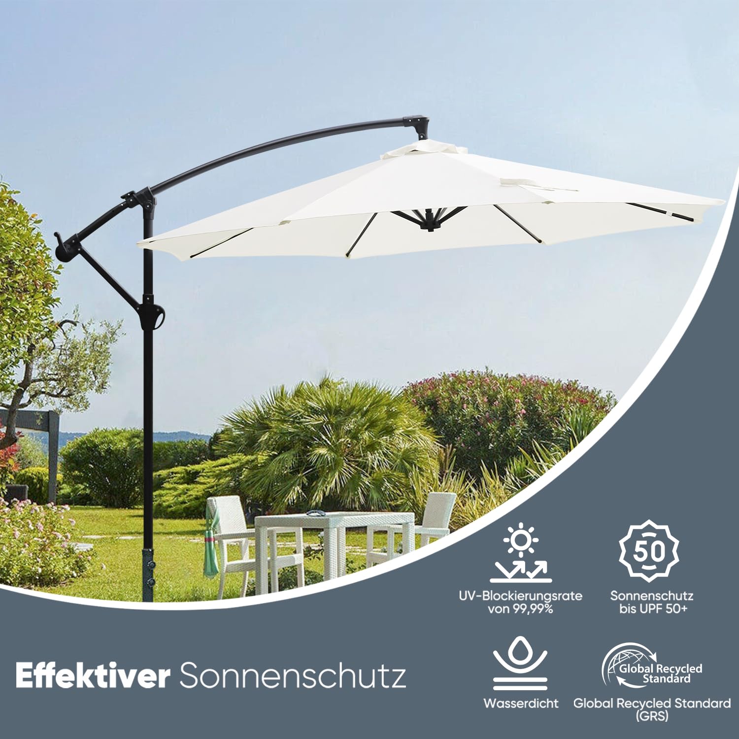 Sekey Ampelschirm 300 cm Sonnenschirm mit Kurbel Gartenschirm Kurbelschirm mit Kurbelvorrichtung UV50+ Sonnenschutz Robust und Stabil für den Garten Dunkelgrau