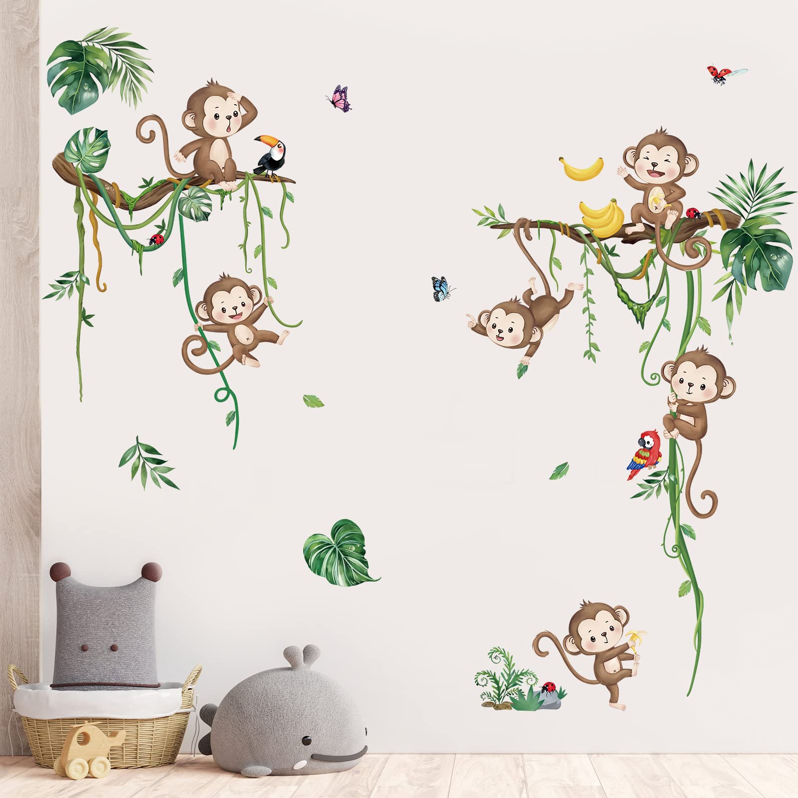 decalmile Pegatinas de Pared Animales de la Jungla Mono Vinilos Decorativos Mono Vid Hojas Rama de árbol Adhesivos Pared Habitación Infantiles Niños Bebés Guardería