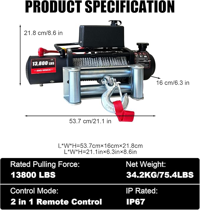 Winche Eléctrico 13800lbs, 12V, IP67, Cable de Acero 80ft, Control Remoto miniatura 7