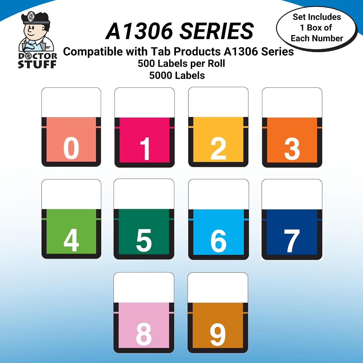 Doctor Stuff - File Folder Labels, Complete Set of Numbers 0-9, Tab Products 1306 Match - A1306 Series Chart Stickers, 1" x 3/4", 1 Each of 10 Rolls, 500/Roll