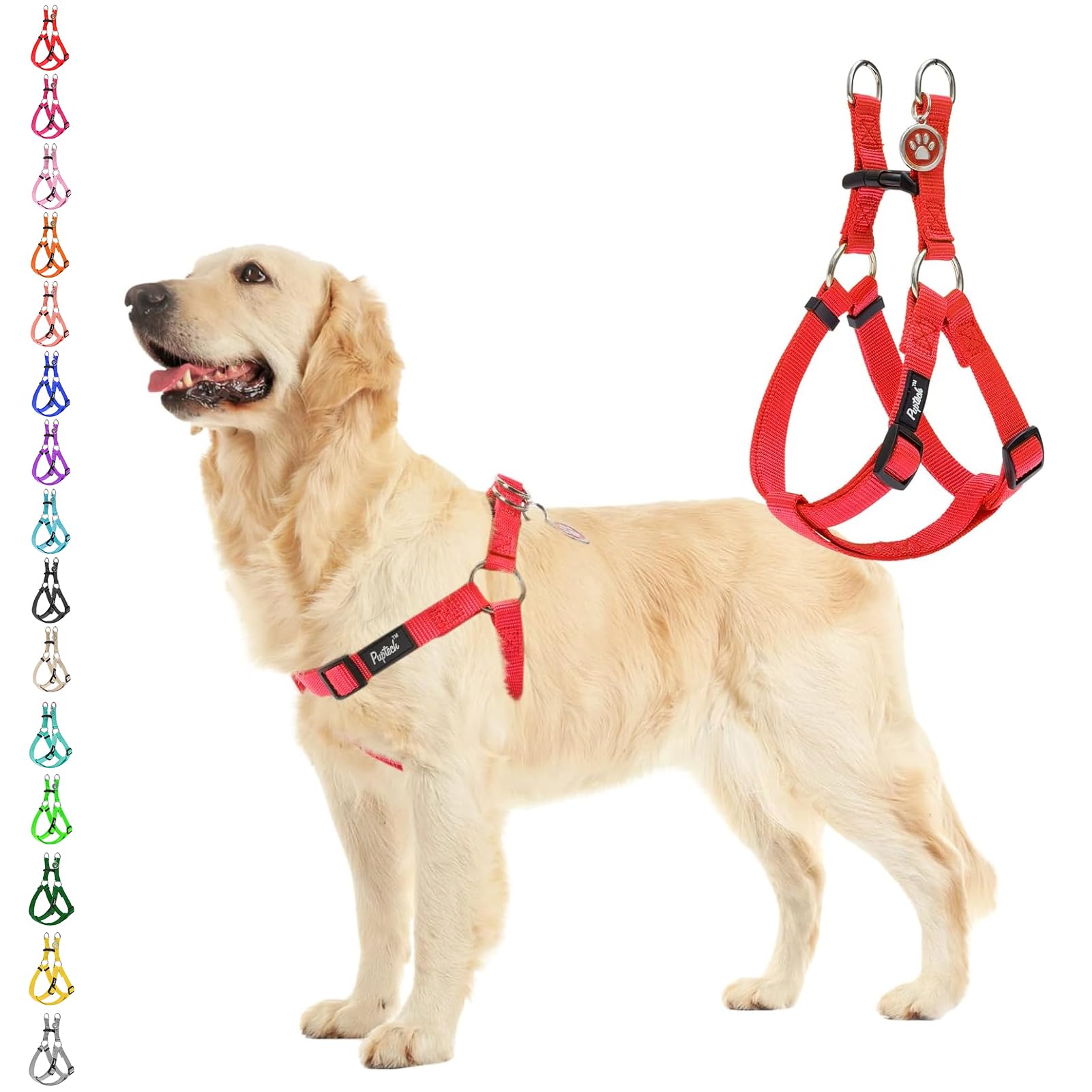PUPTECK No Pull Dog Harness Soft Adjustable Basic Nylon Step in Puppy Vest Outdoor Walking with ID Tag Medium Red