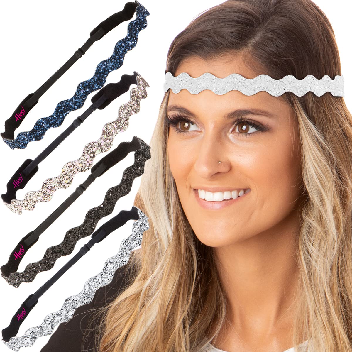 Hipsy Women's Adjustable No Slip Bling Glitter Wave Cute Headbands (Wave Silver/Black/Rose Gold/Navy/White 5pk)